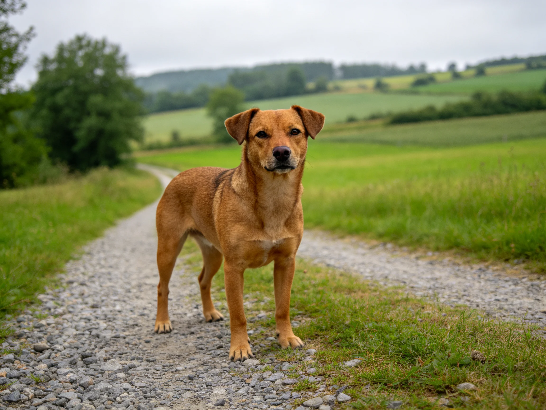 A brown dog stands on a gravel path amid lush green fields