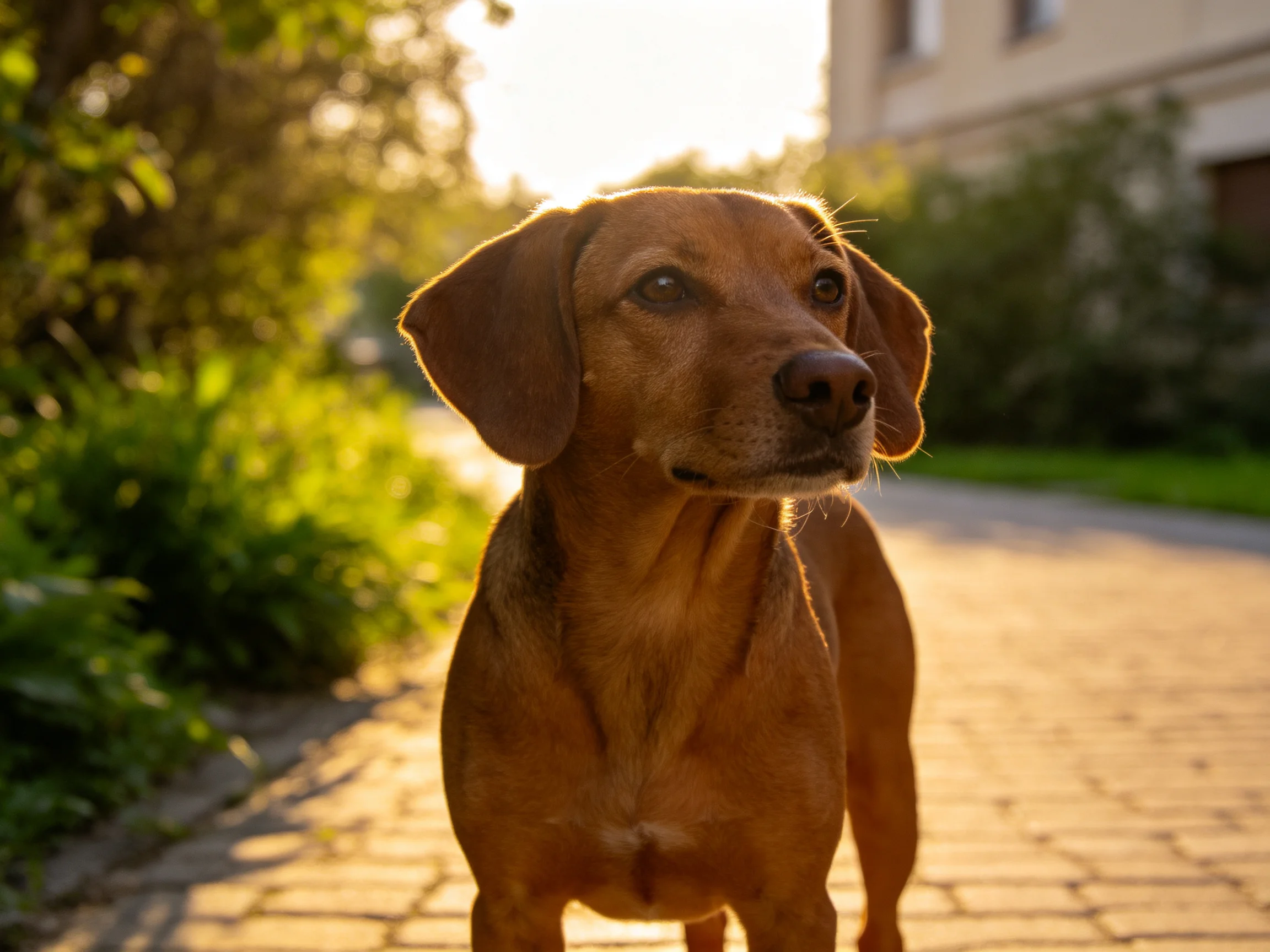 A brown dog stands on a sunlit brick path surrounded by greenery.