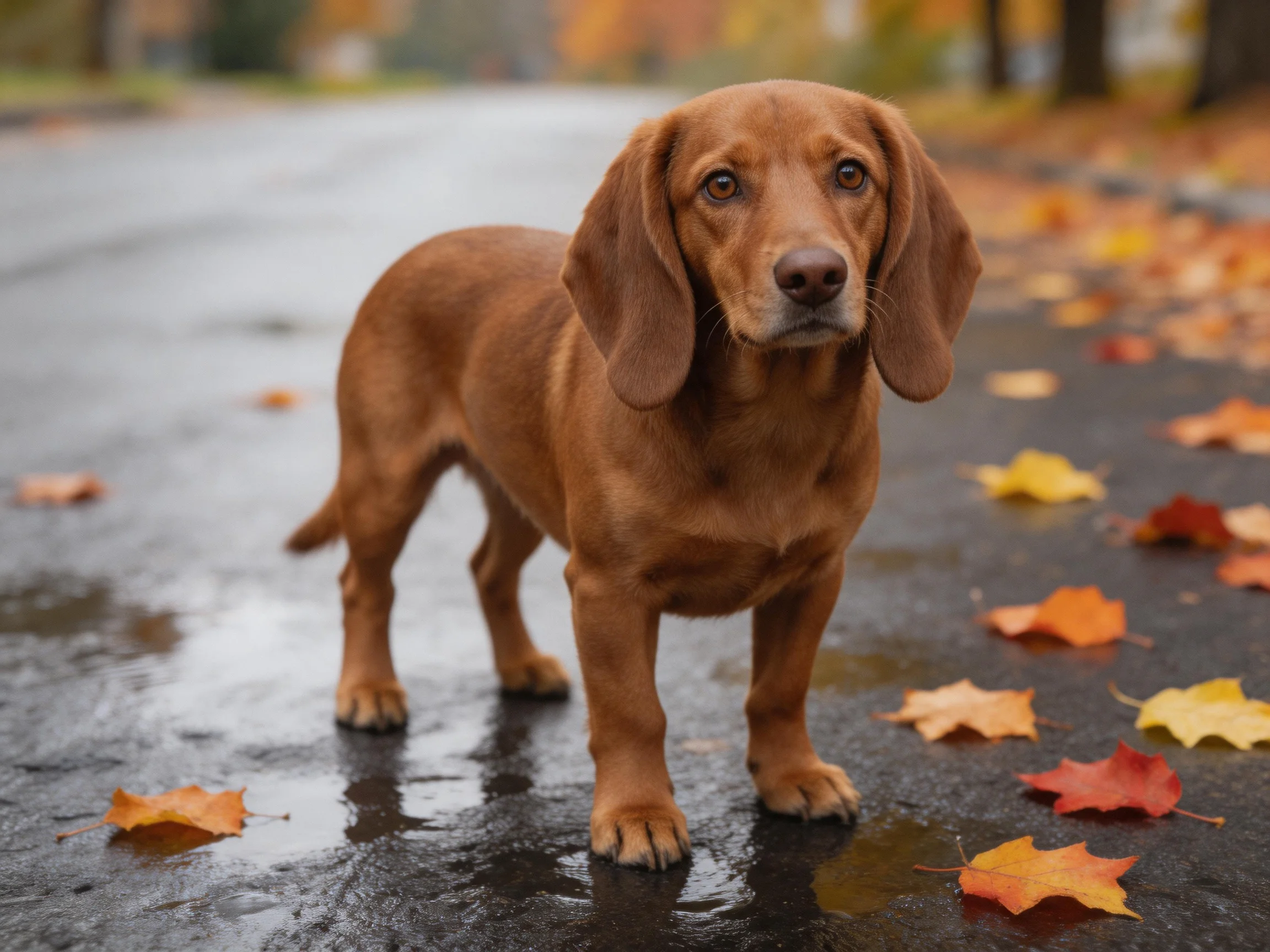 A brown dog stands on a wet road with colorful autumn leaves