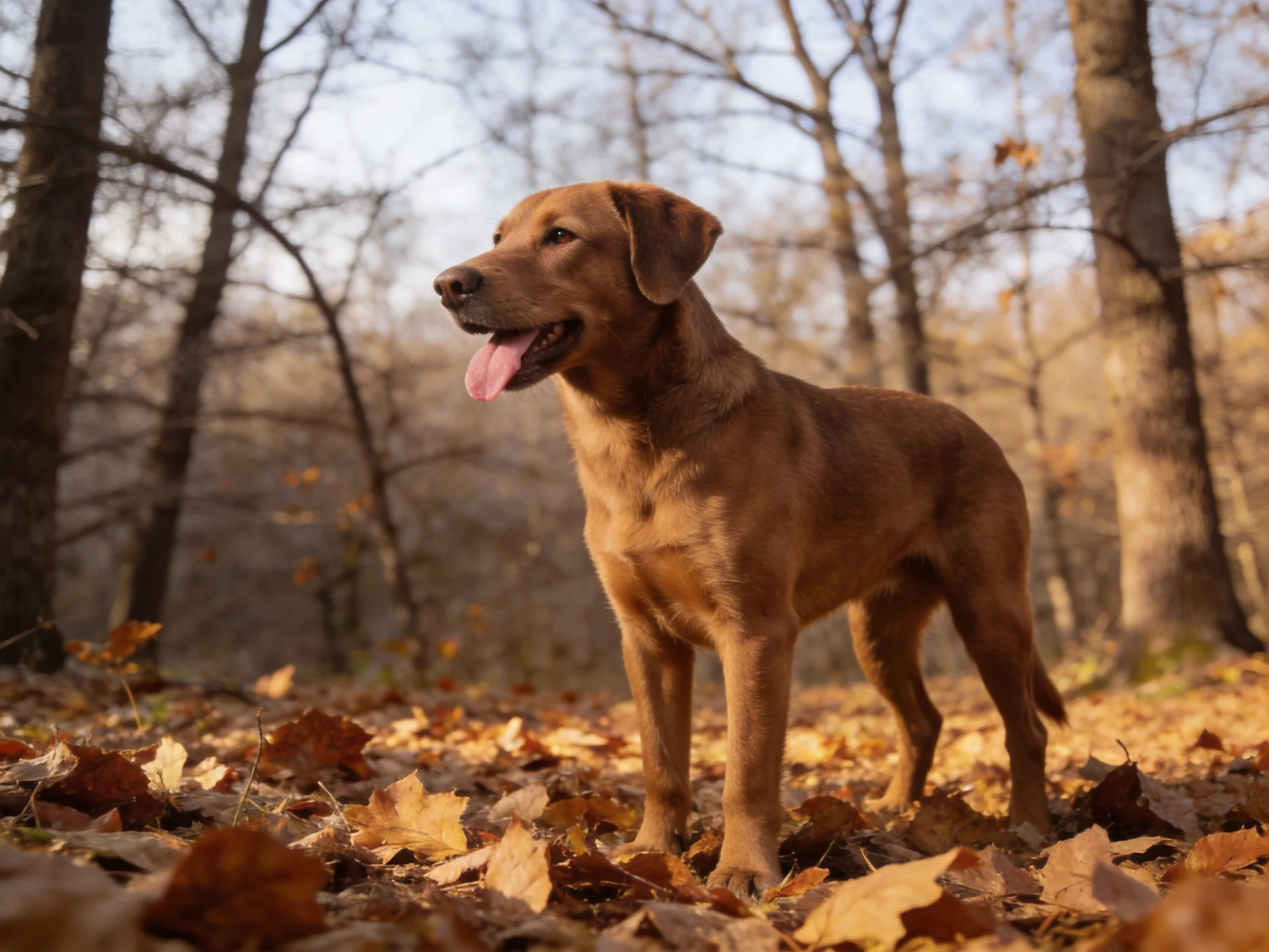 A brown dog stands among autumn leaves in a wooded area.