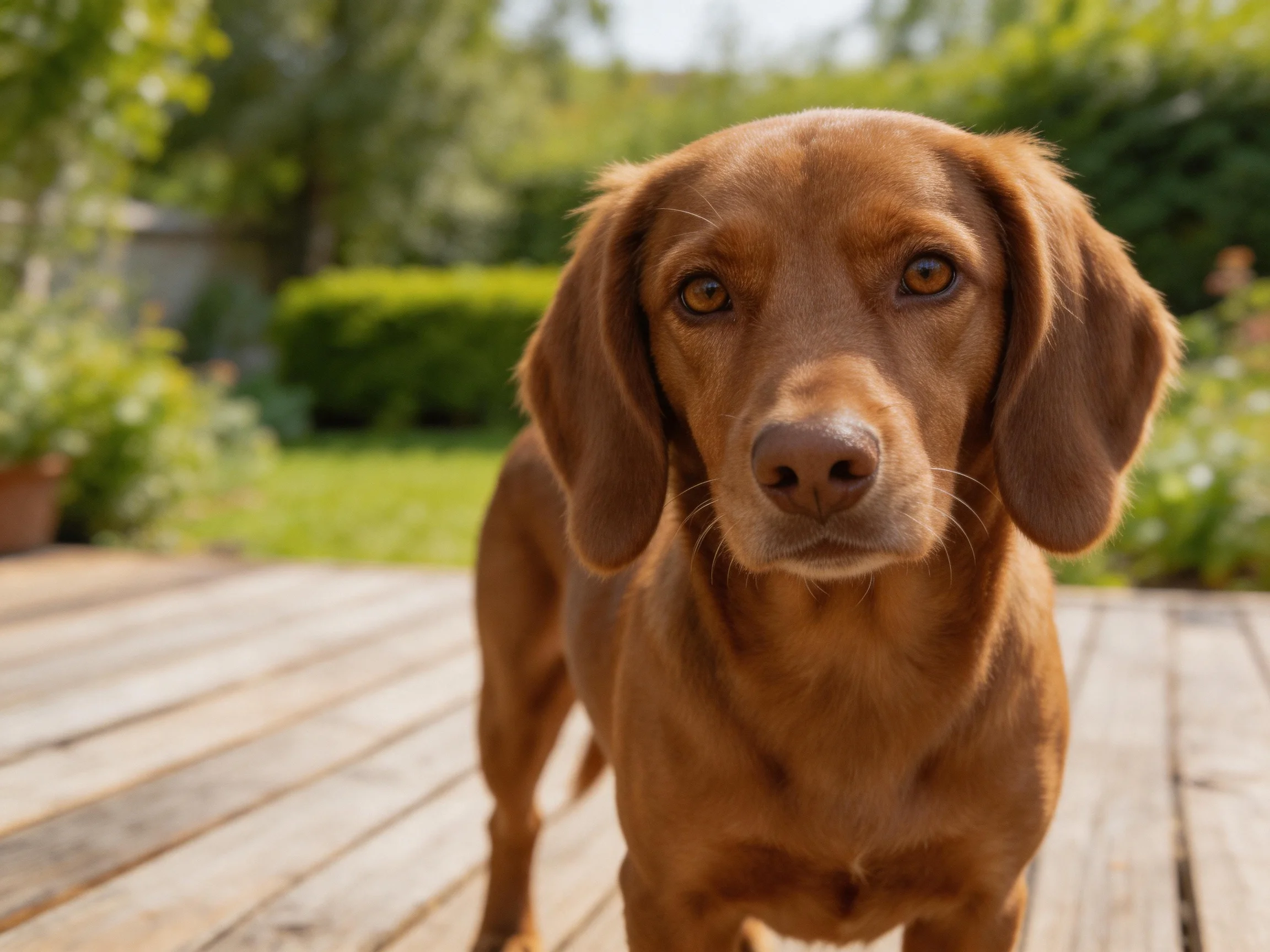 A brown dog stands on wooden planks in a sunny garden