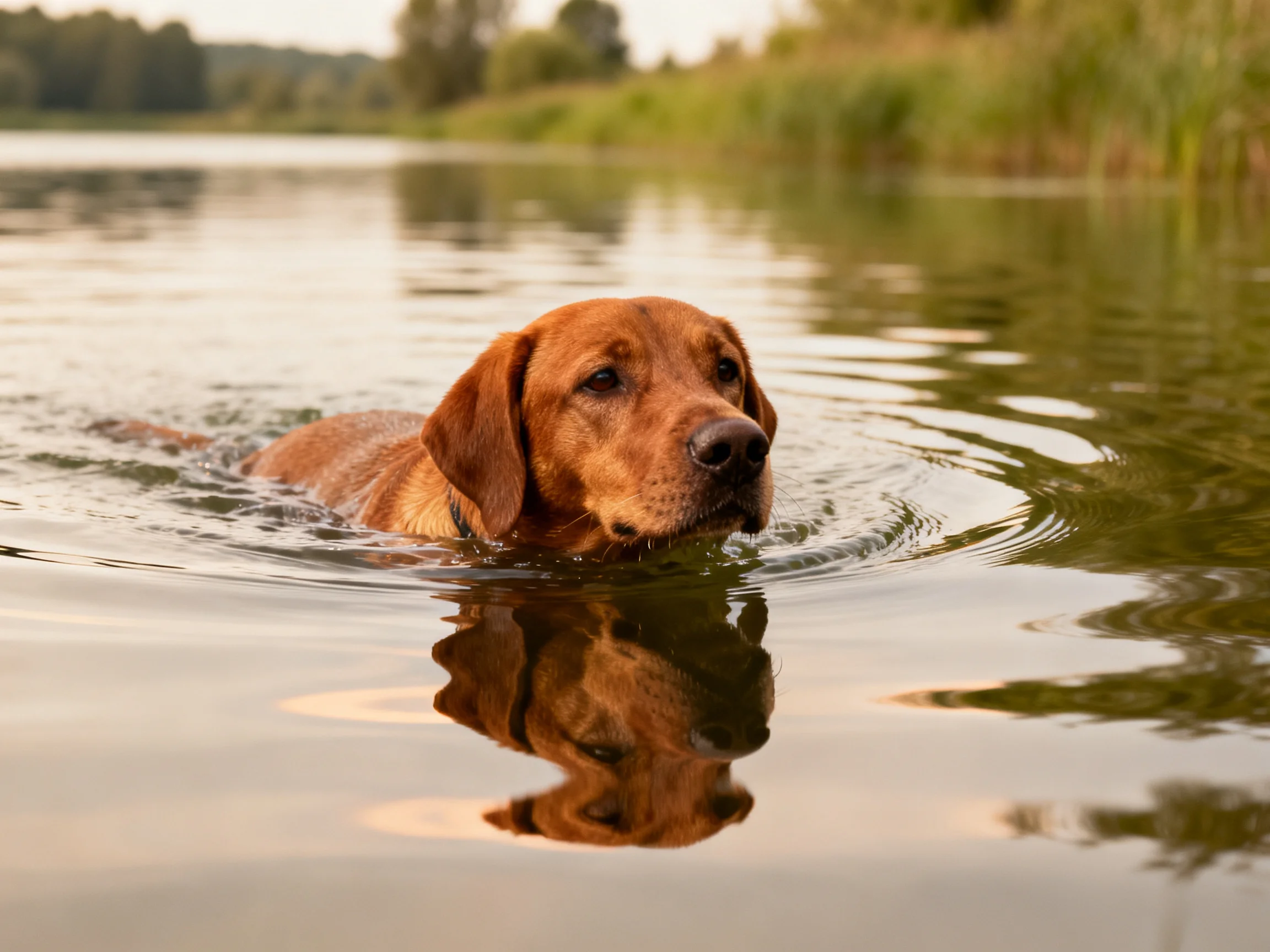A brown dog swims in calm river waters with a natural green backdrop.