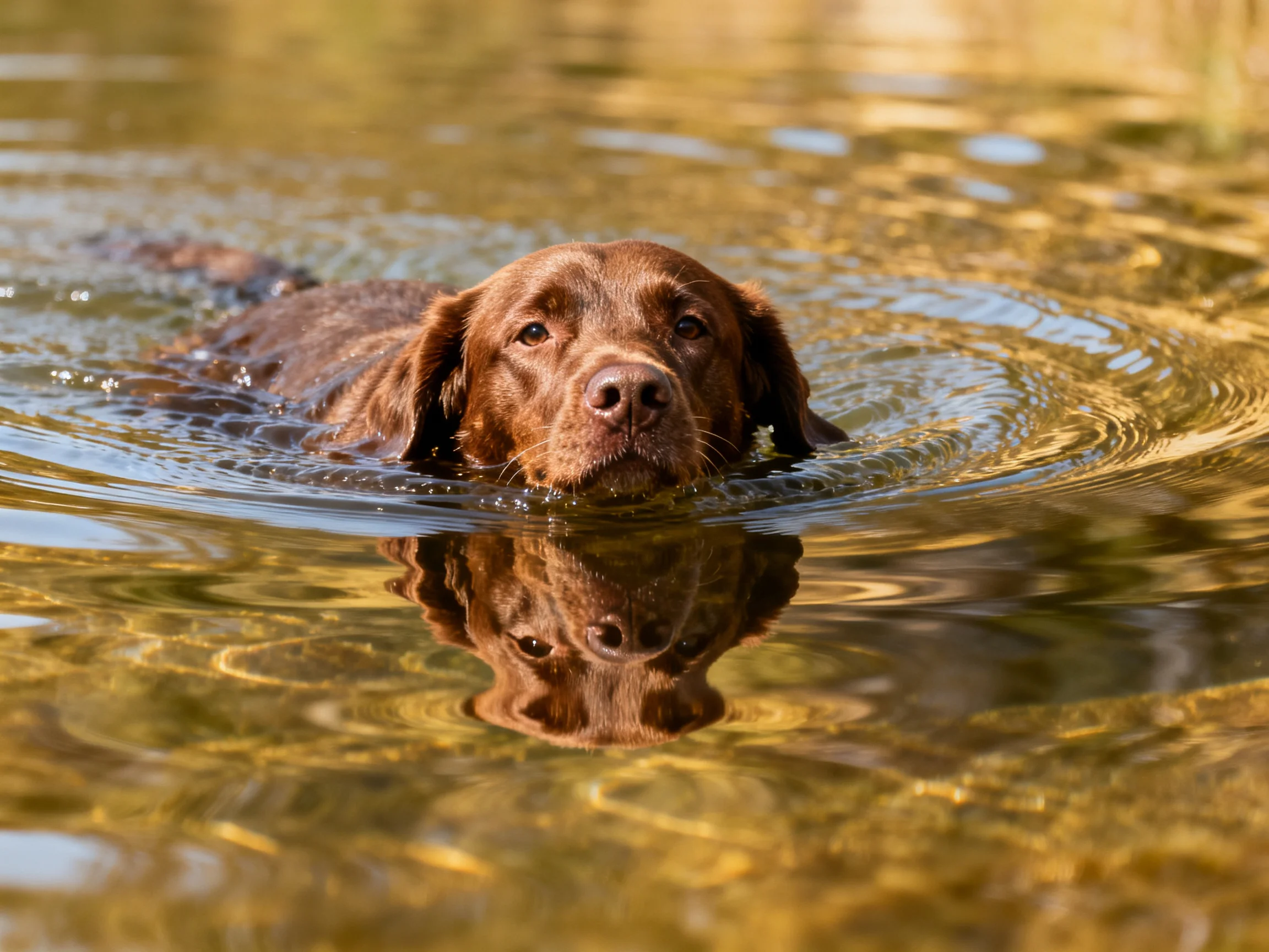 A brown dog swims in water, creating a clear reflection of its face.