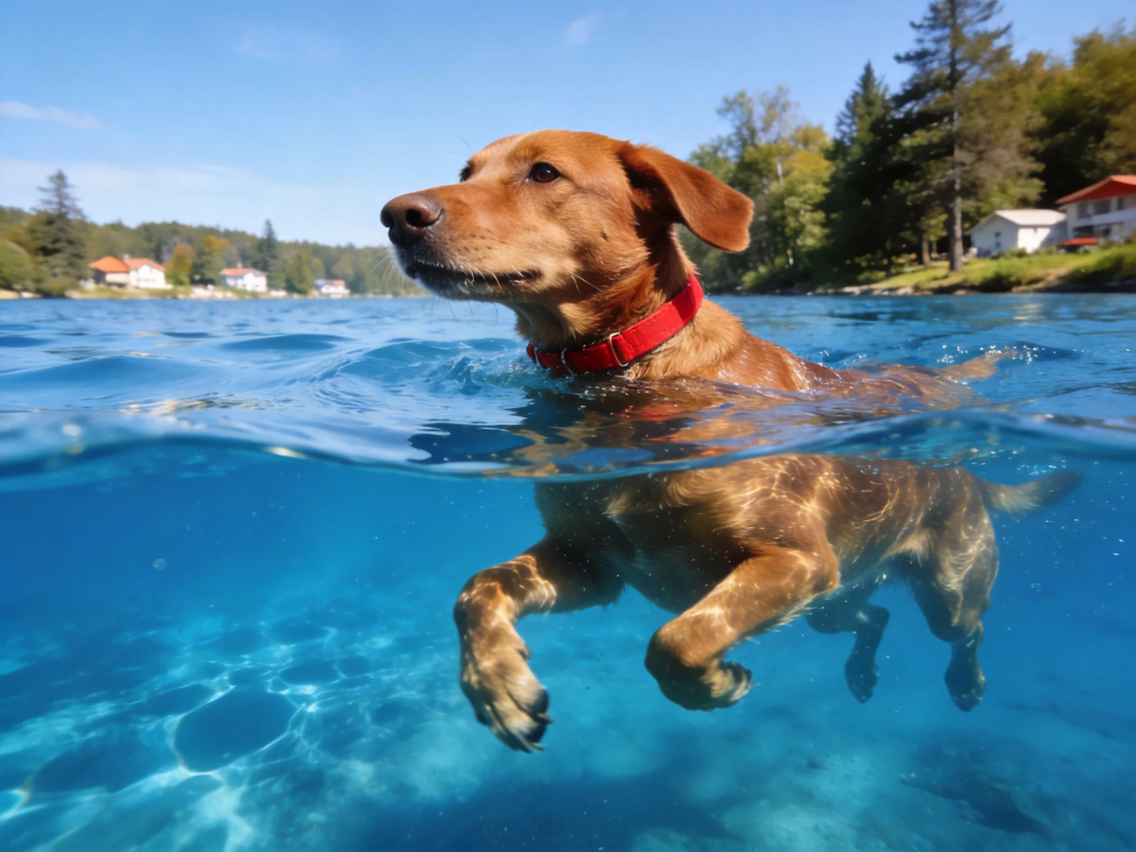 A brown dog swims in clear blue water near houses.