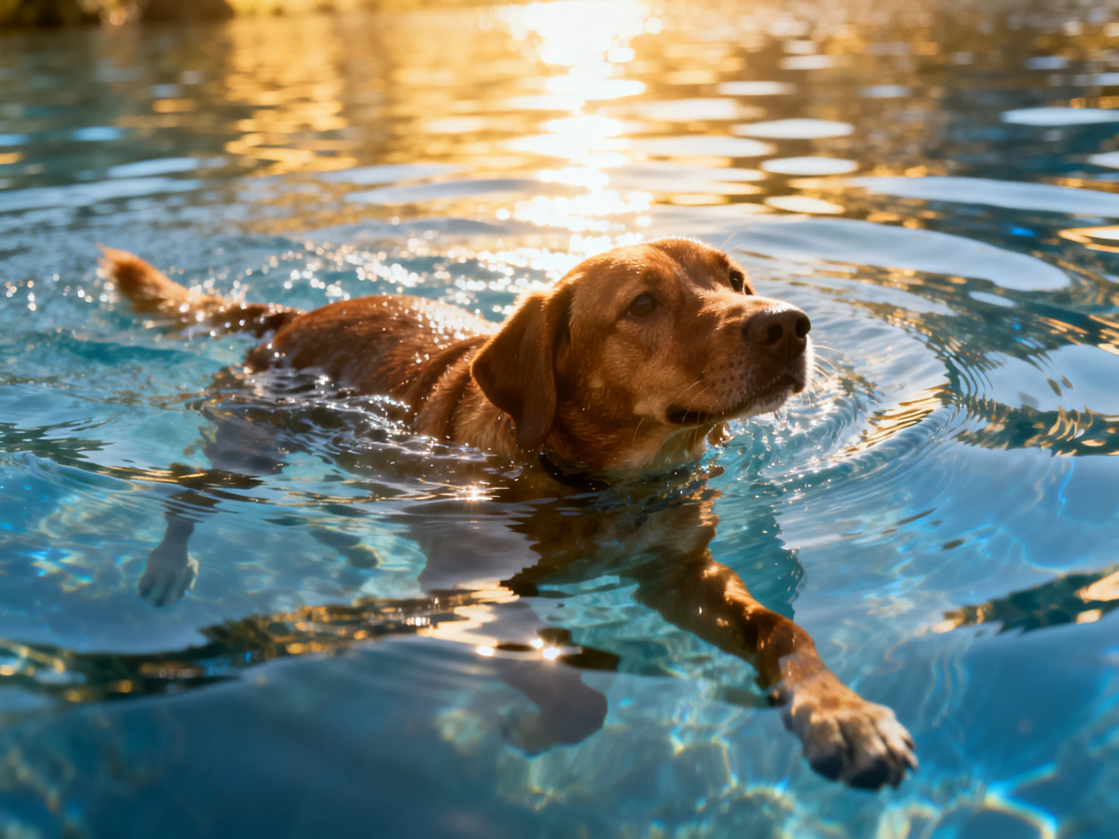 A brown dog swims calmly in a, sunlit water.