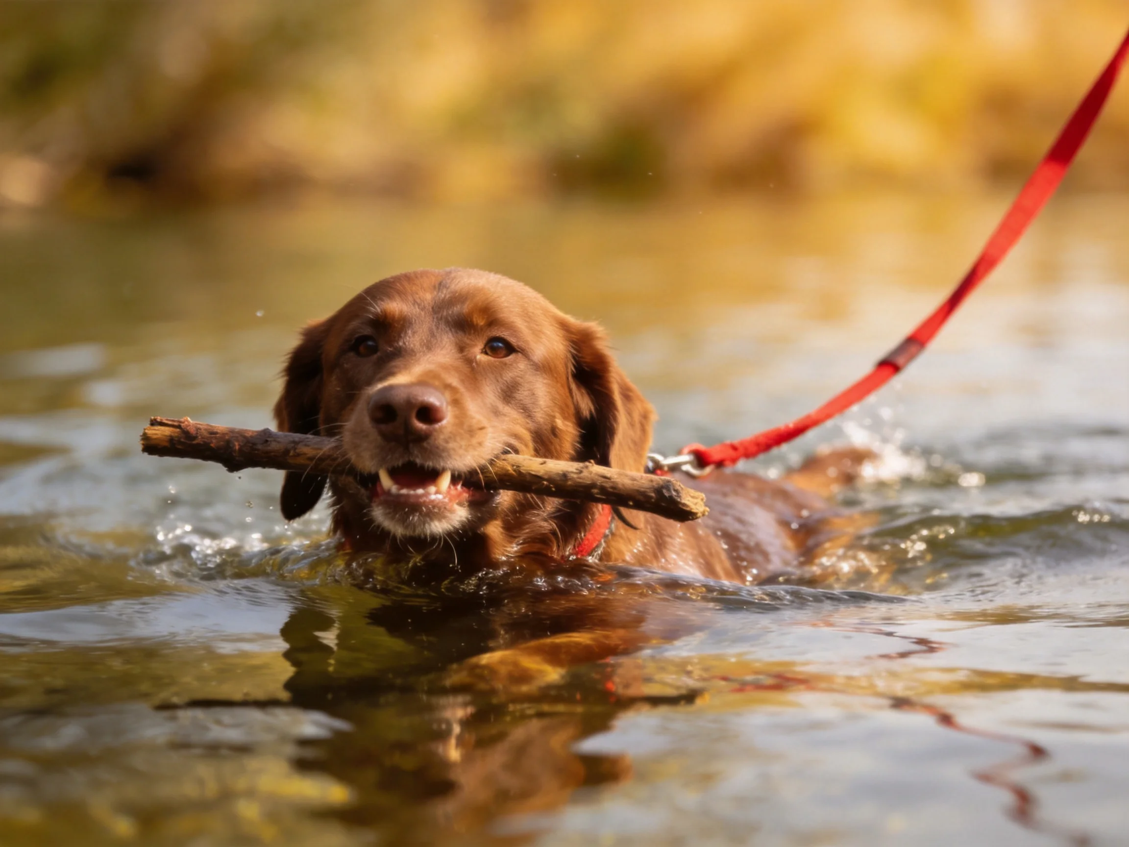 A brown dog swims in water carrying a stick