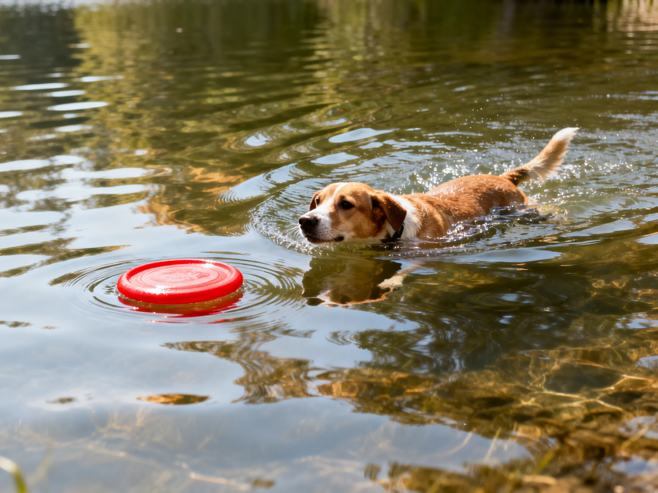 A brown dog swims toward a bright red frisbee in clear water
