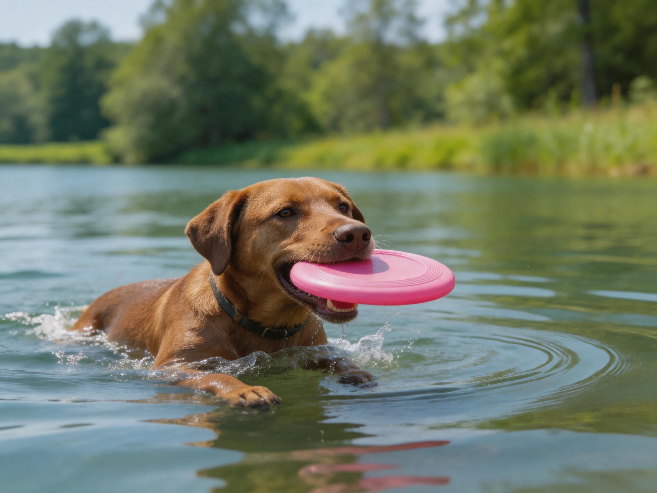 A brown dog retrieves a pink frisbee while swimming in calm water.