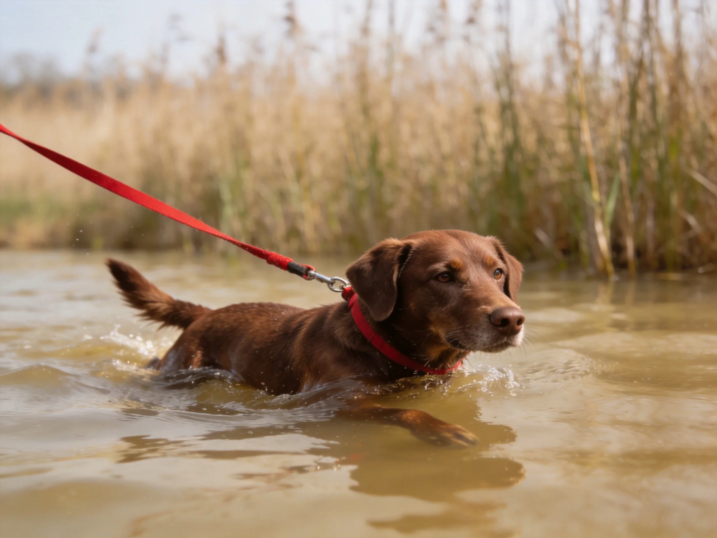 A brown dog wades through shallow water connected to a red leash.