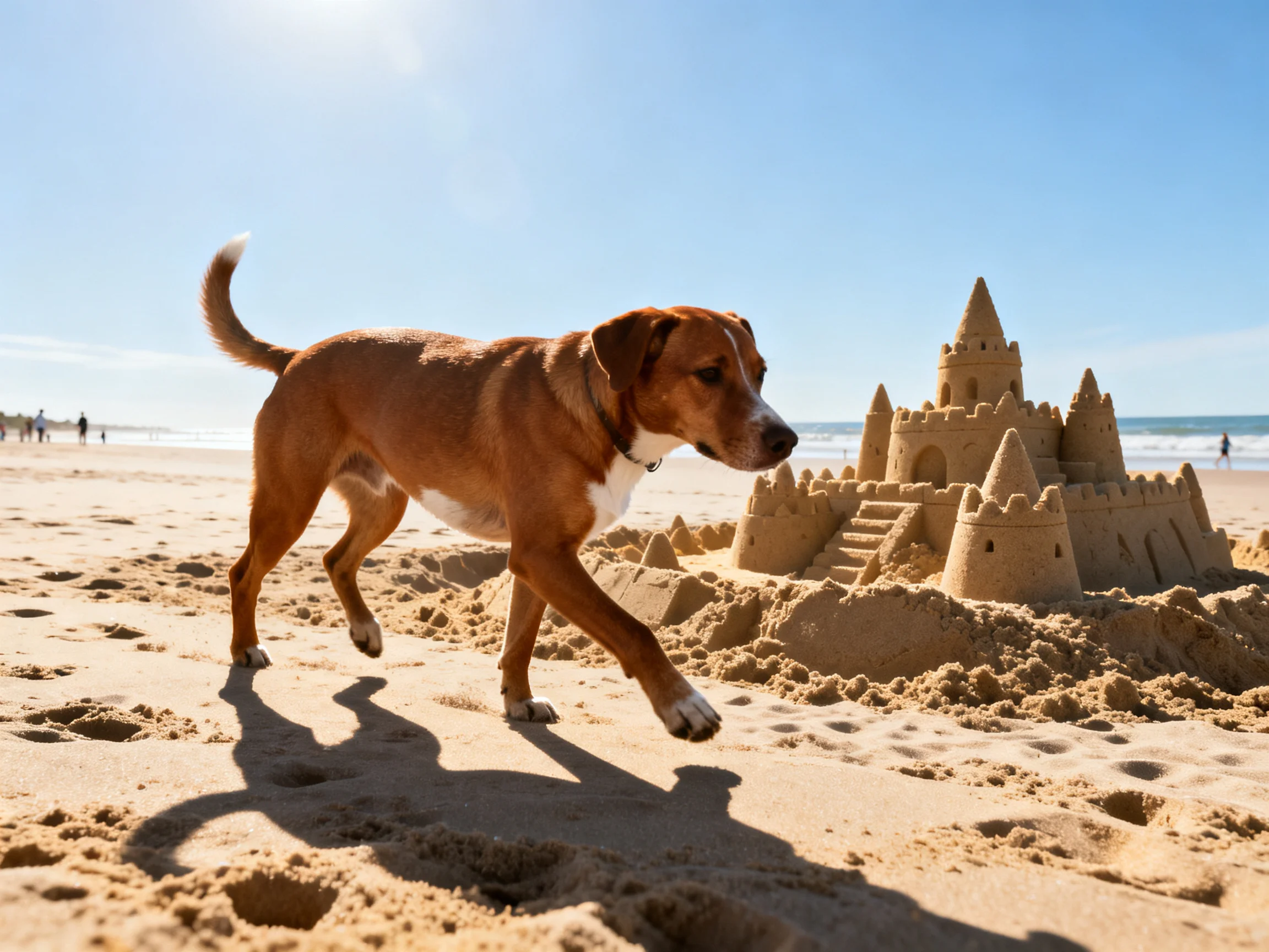 A brown dog walks near an elaborate sandcastle on a sunny beach
