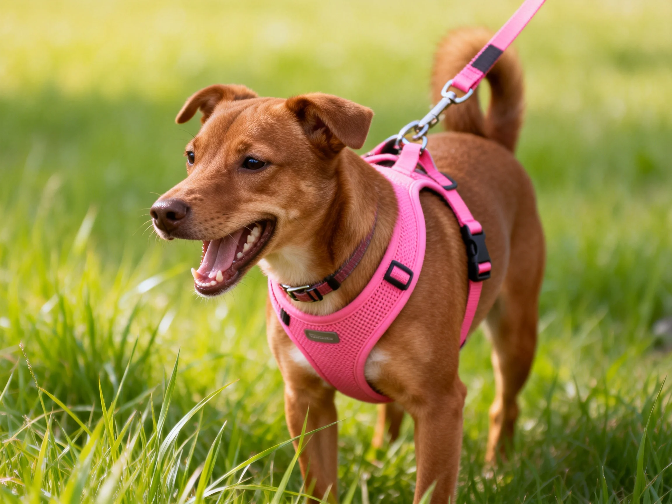 A brown dog with a pink harness enjoys an outdoor grassy area.
