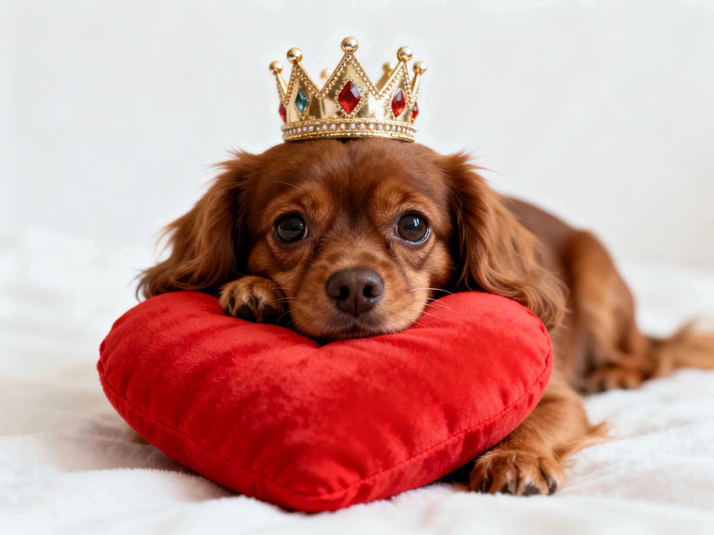 A brown dog with a golden crown lies on a red heart pillow.