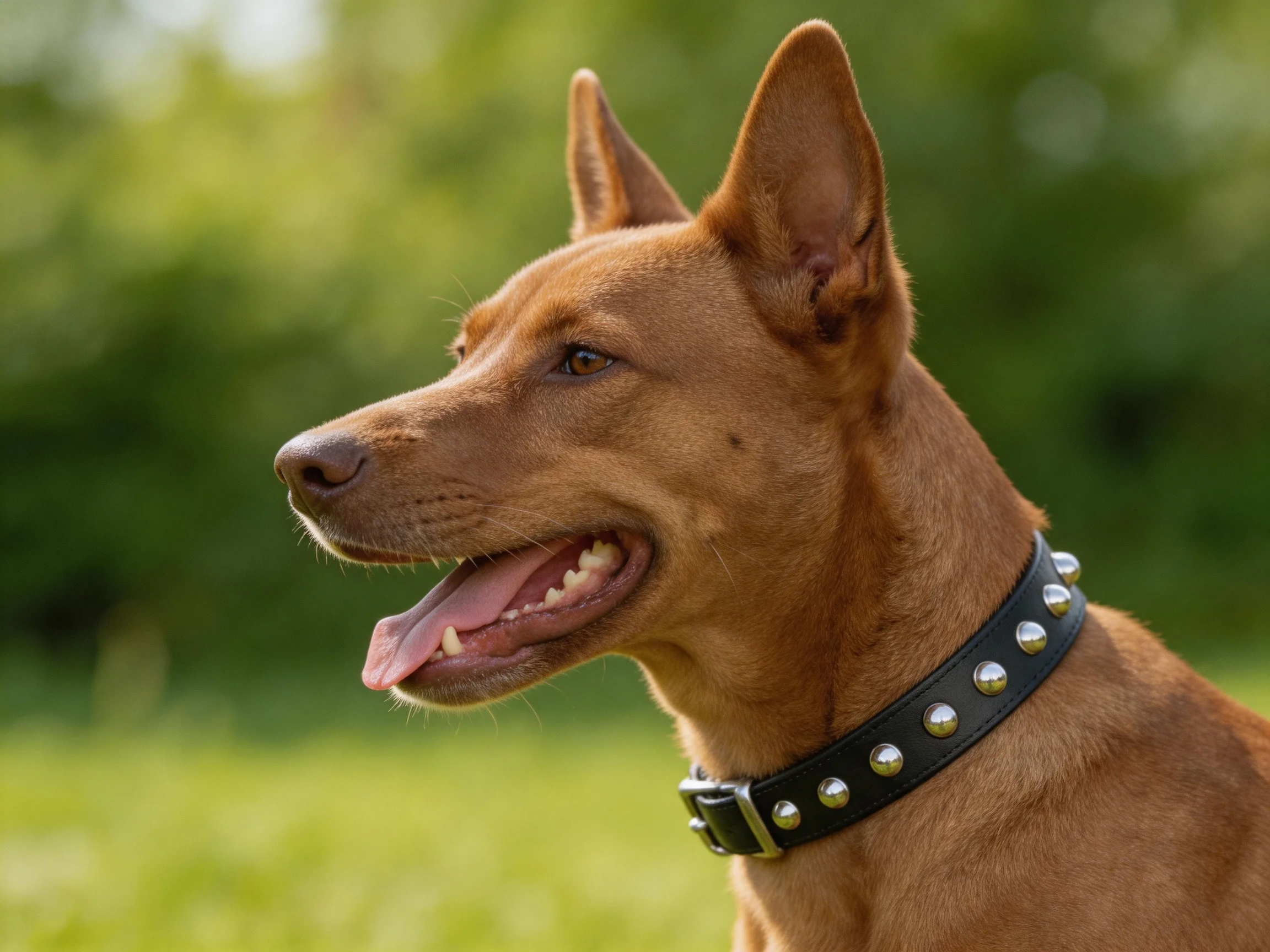 A brown dog wearing a spiked collar in a green field