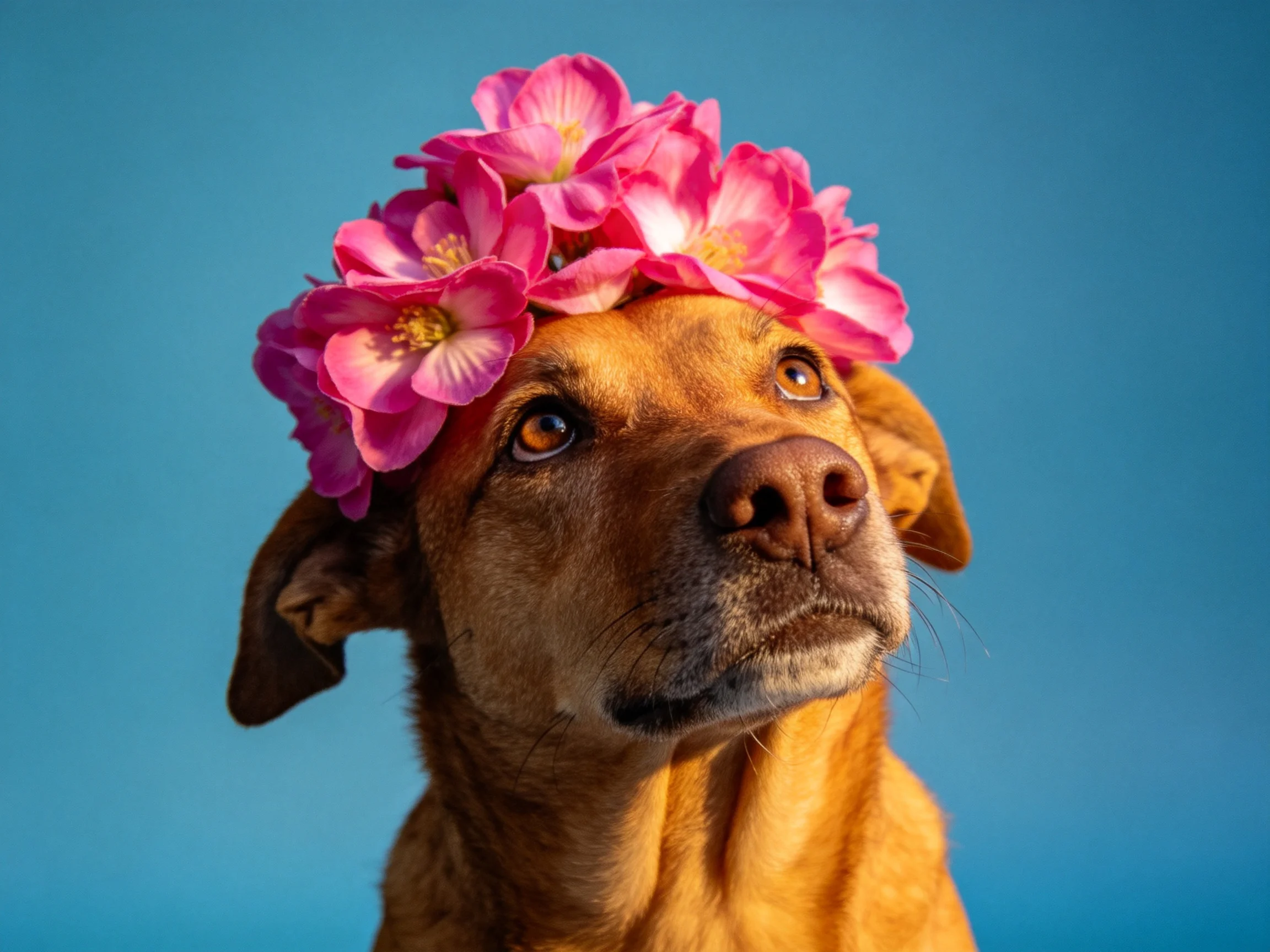 A brown dog with a pink flower crown gazes upward against a blue background.