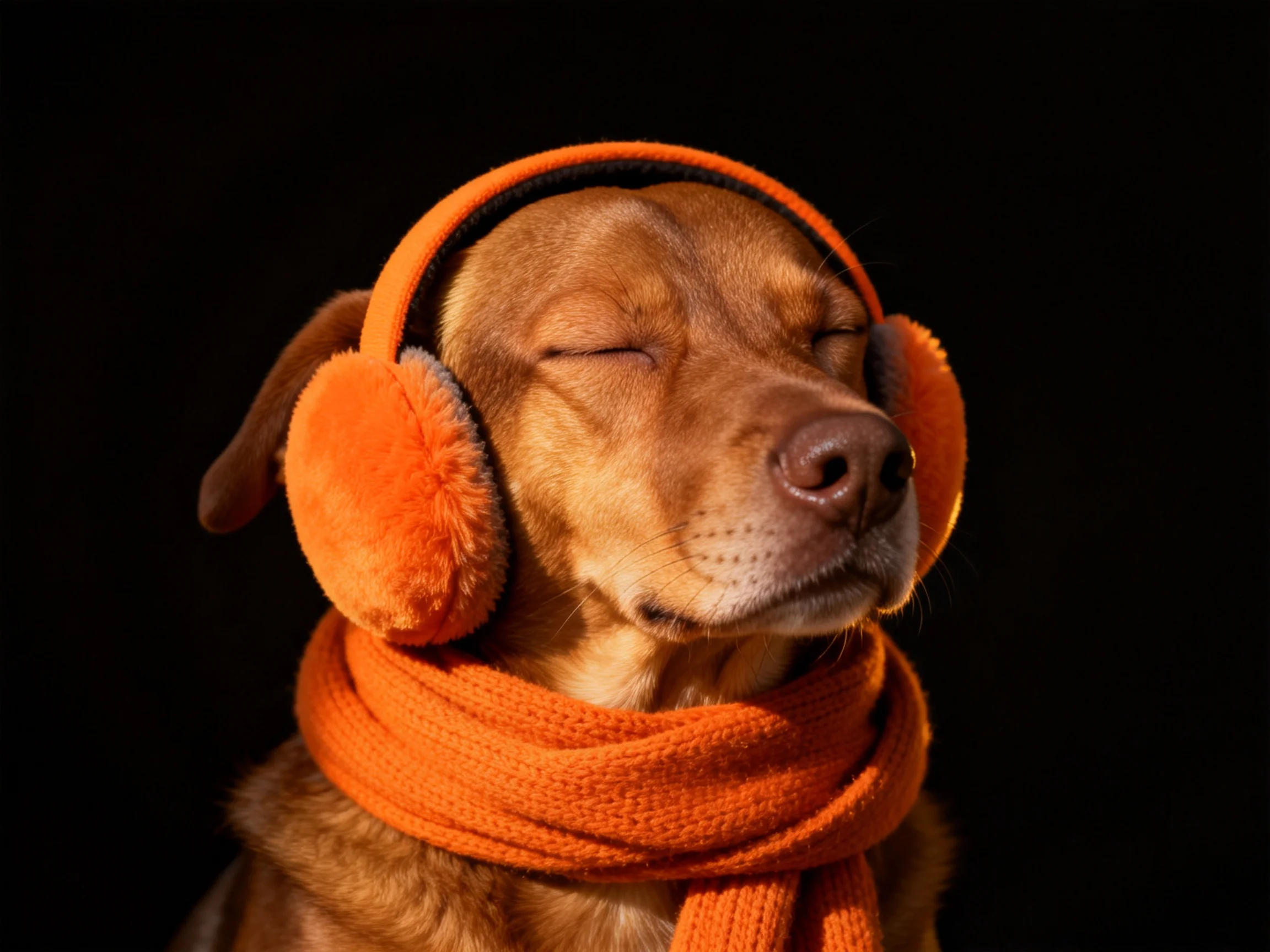 A brown dog wearing bright orange earmuffs and an orange scarf