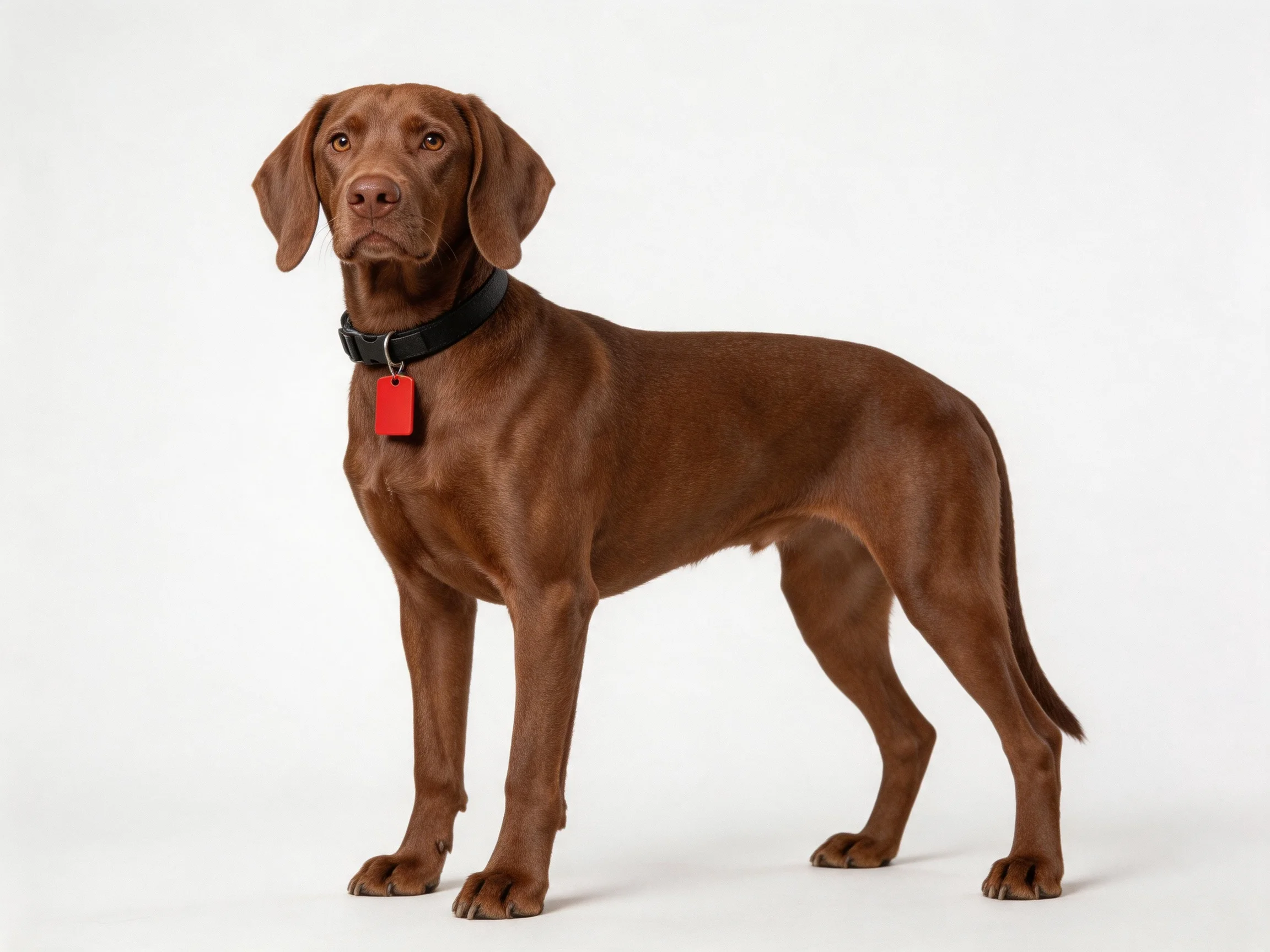 A brown dog with a black collar and red tag stands against a white background