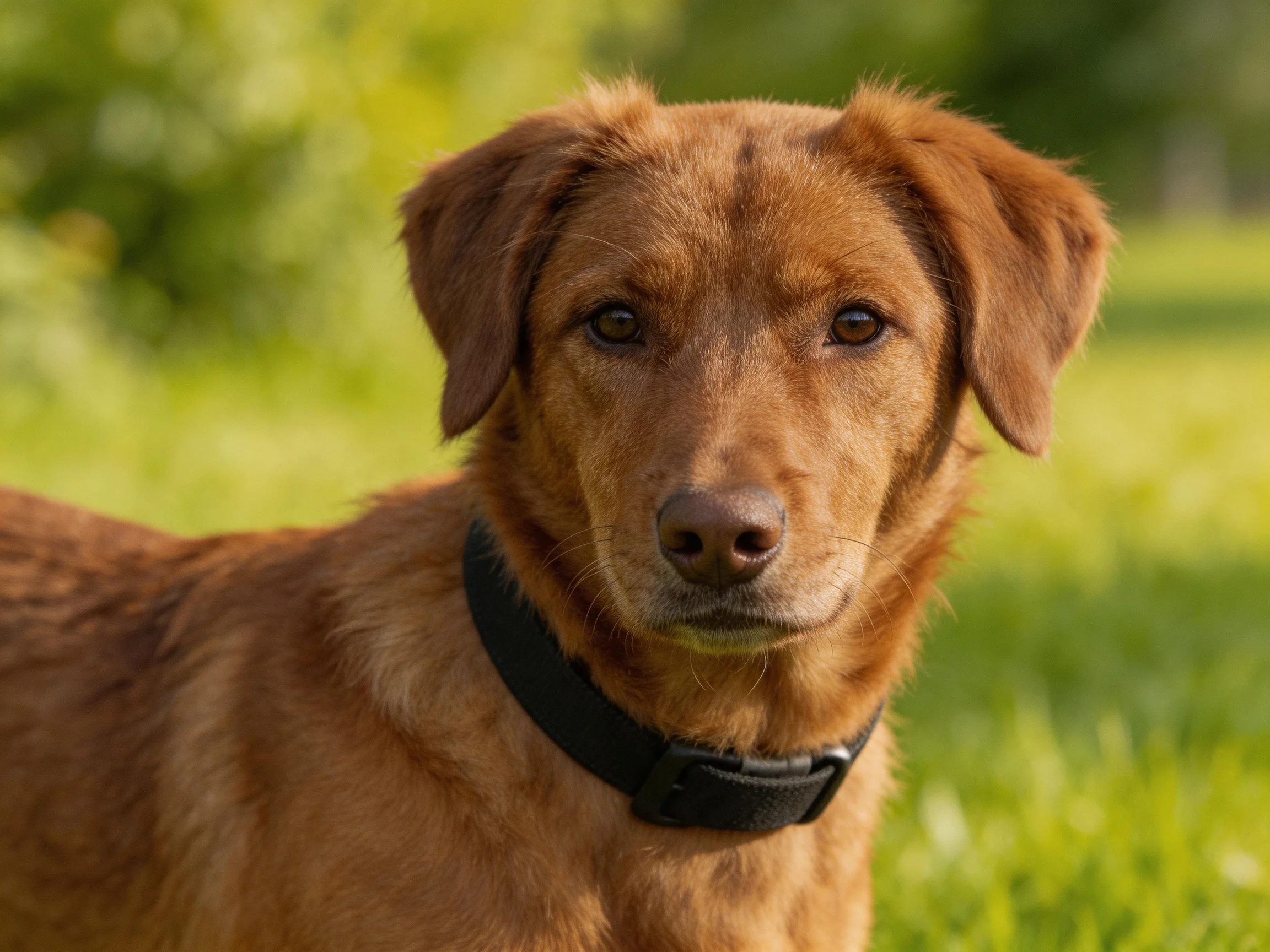 A brown dog wearing a black collar stands in a sunlit green outdoor area.