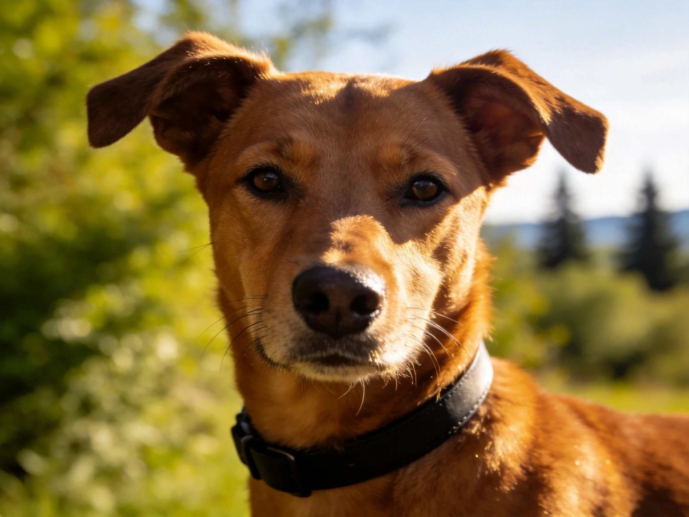 A brown dog with a black collar in a sunny outdoor setting