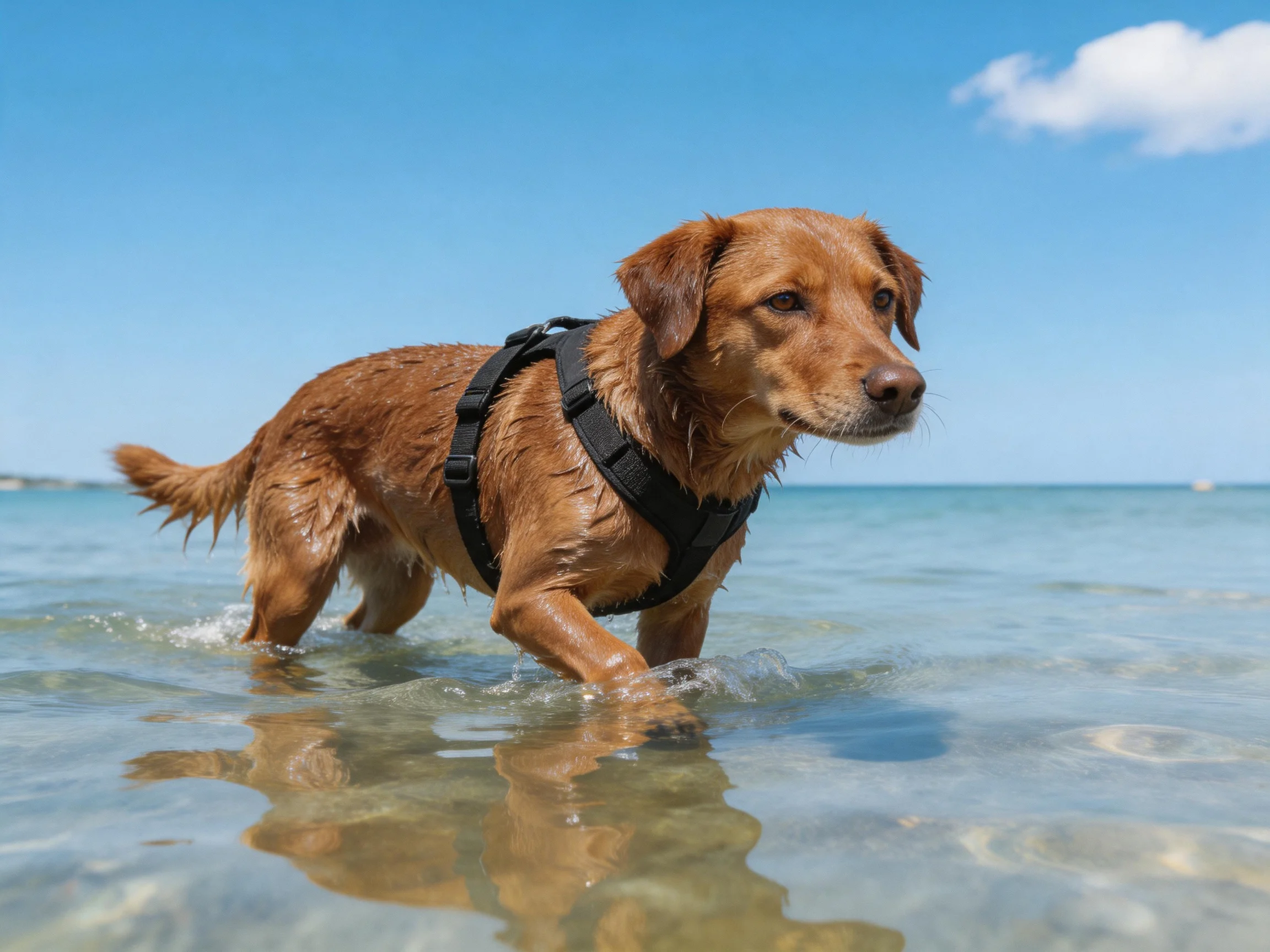 A brown dog with a black harness explores shallow ocean water