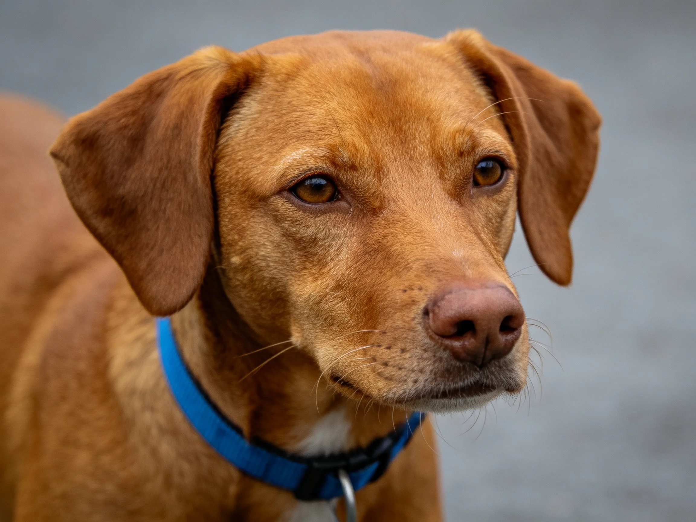 A brown dog with a blue collar captured in close - up detail
