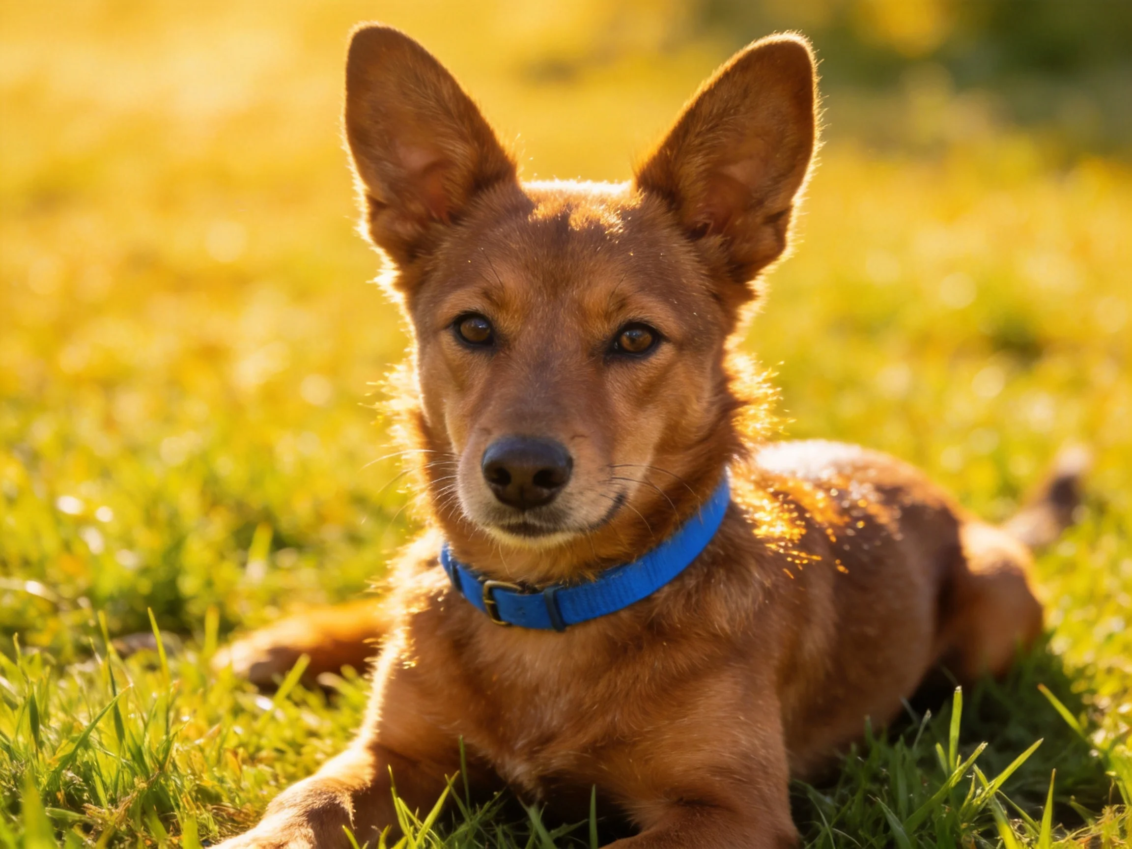A brown dog with a blue collar rests on sunlit green grass