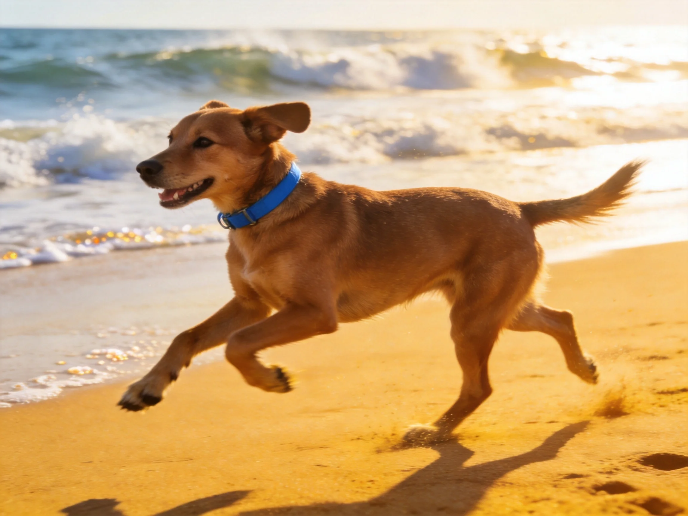 A brown dog with a blue collar runs along a sandy beach shoreline