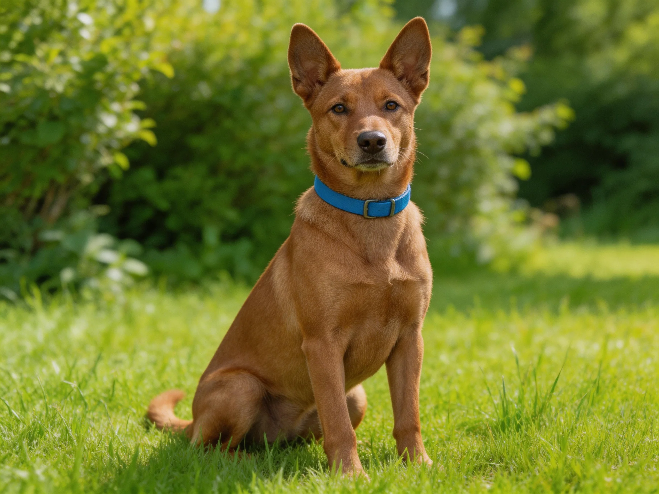 A brown dog with a blue collar sits on green grass in a sunlit outdoor setting.