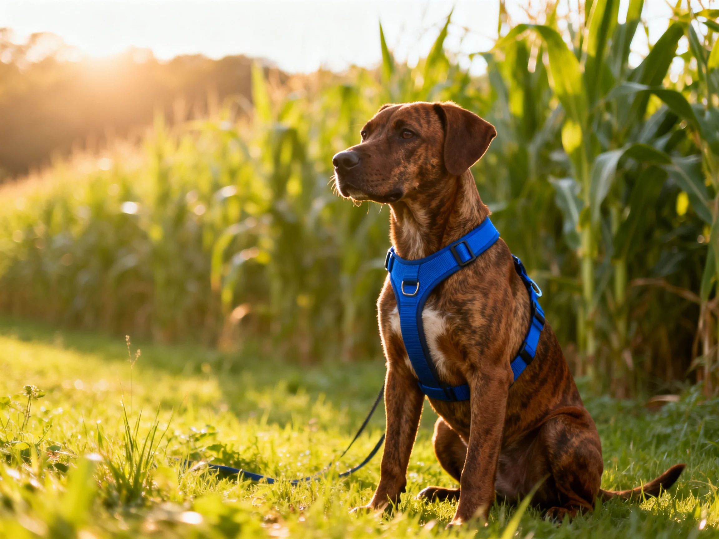 A brown dog with a blue harness sits near tall green corn stalks