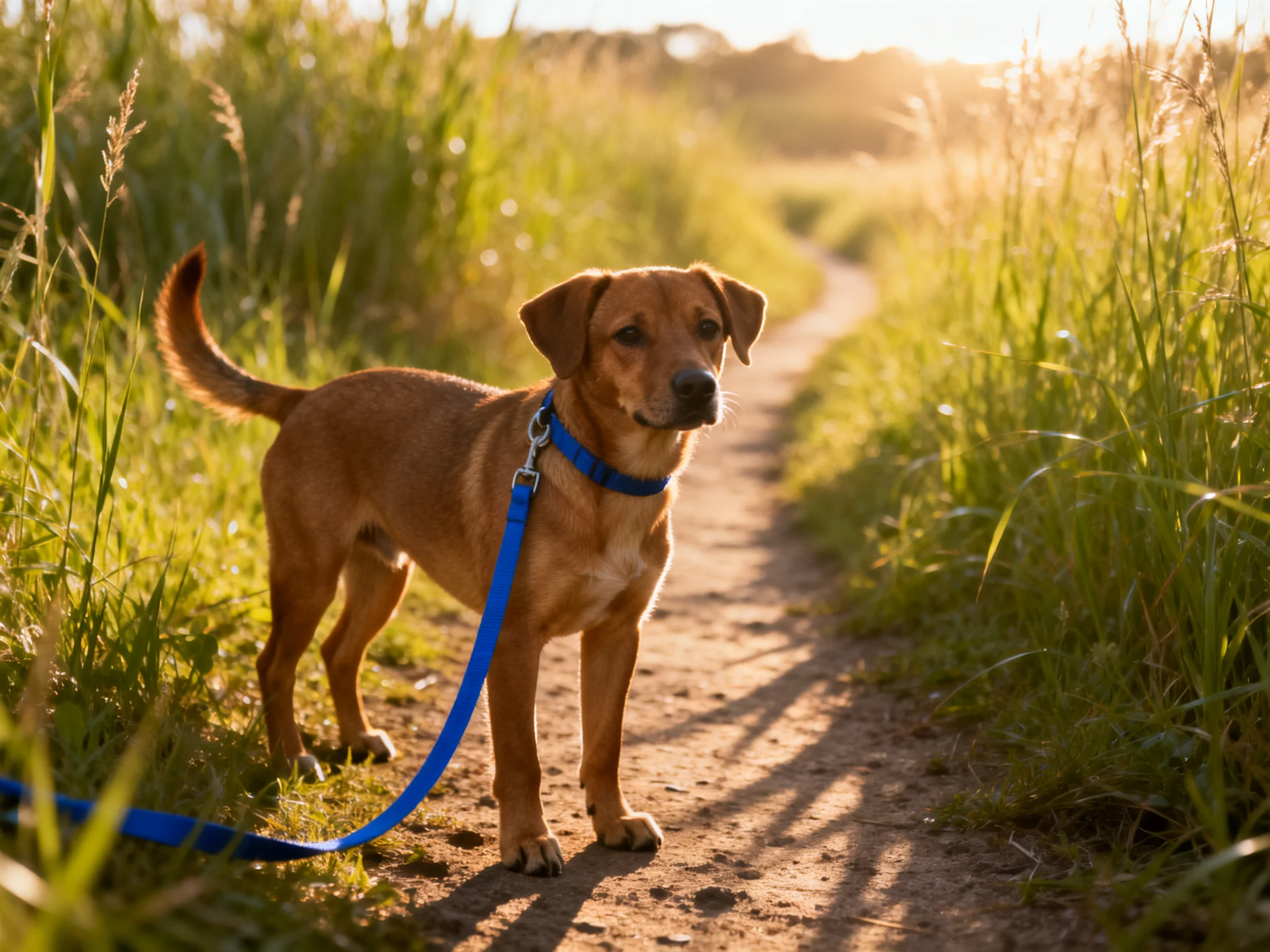 A brown dog with a blue leash stands on a sunlit dirt path