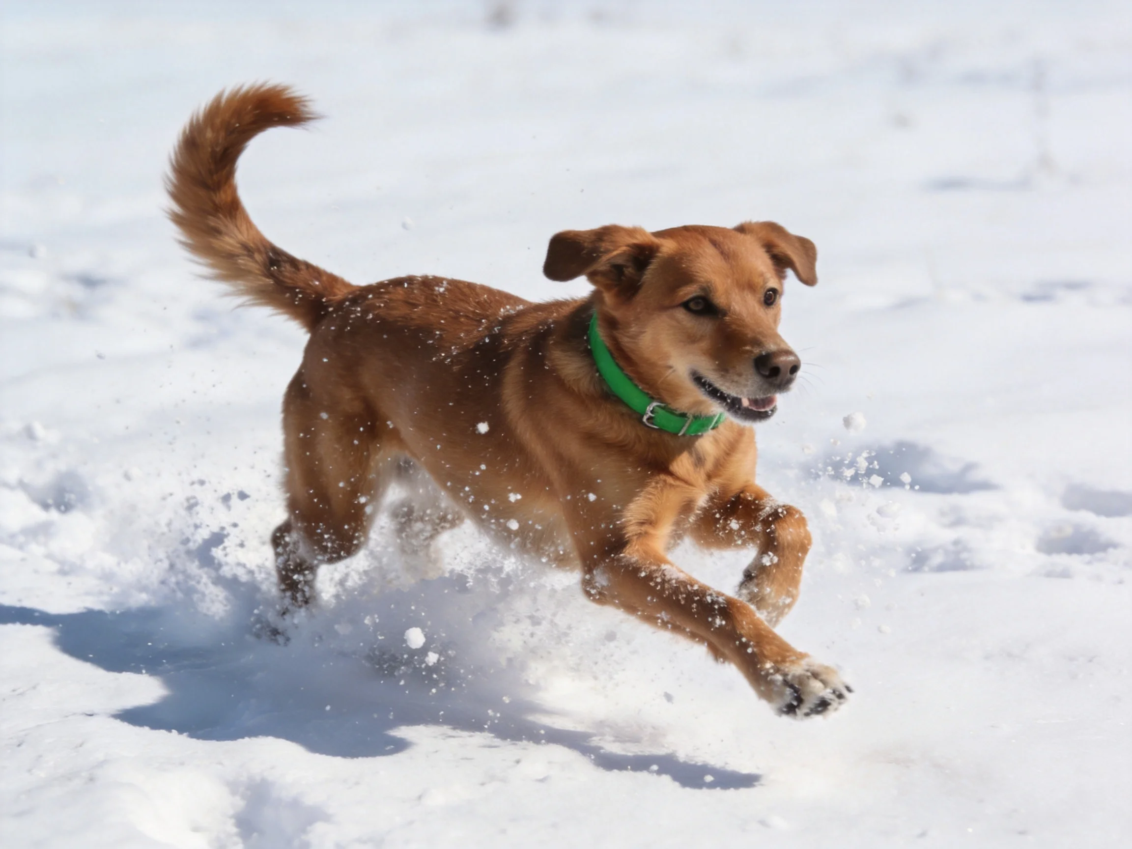 A brown dog dashes through snow, kicking up flakes
