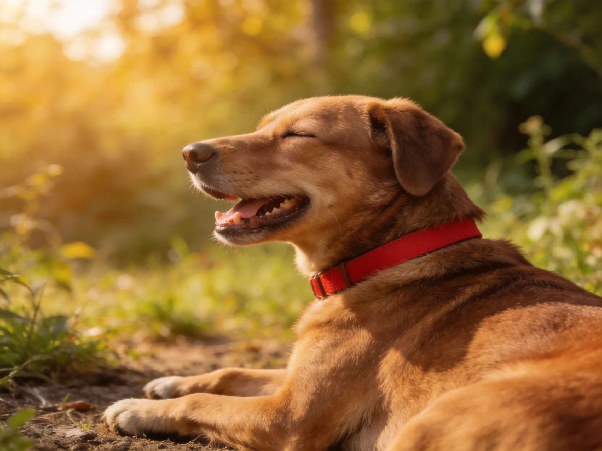 A brown dog with a red collar enjoys a peaceful moment outdoors.