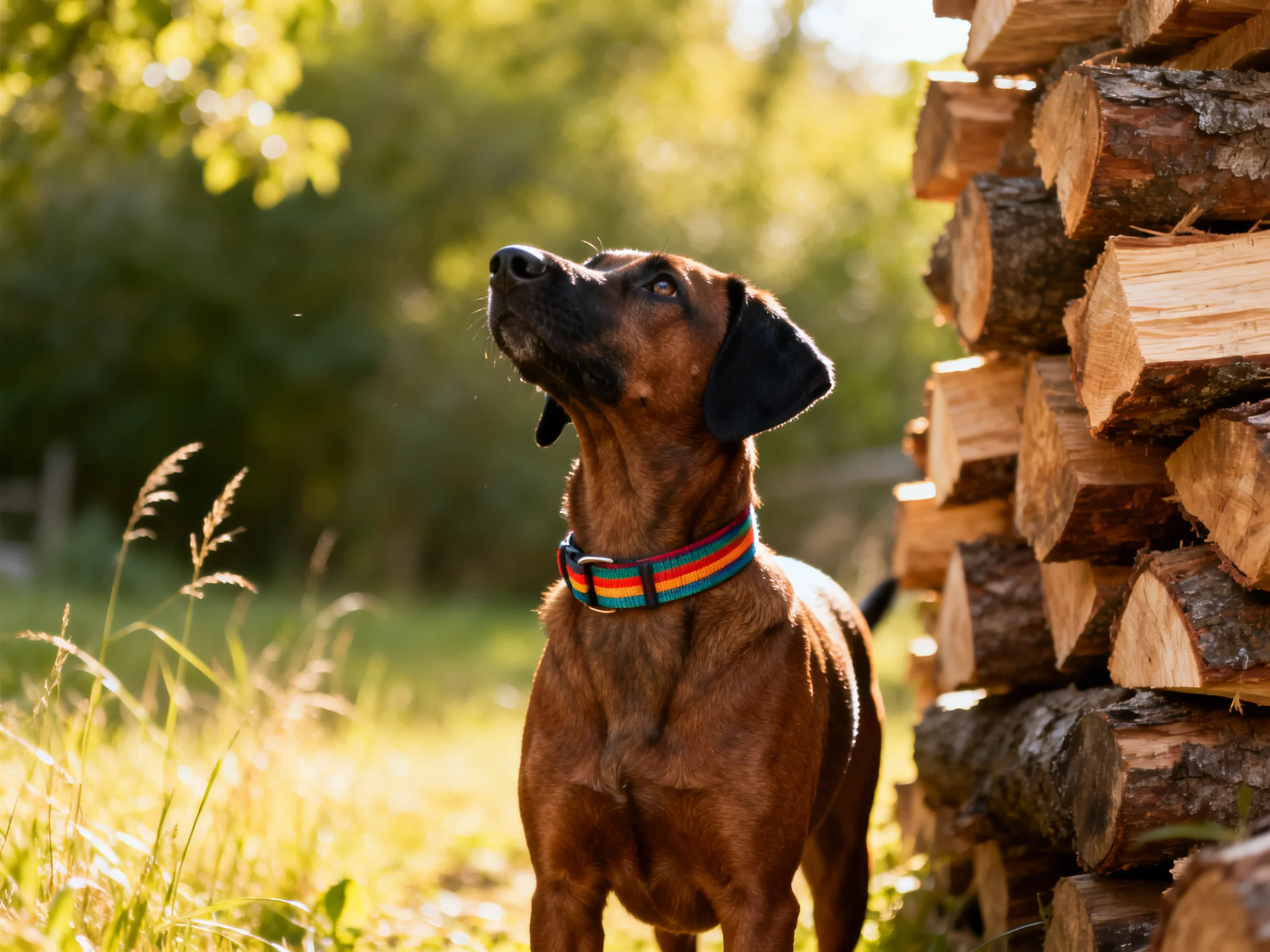 A brown dog with a colorful collar stands near stacked firewood outside.