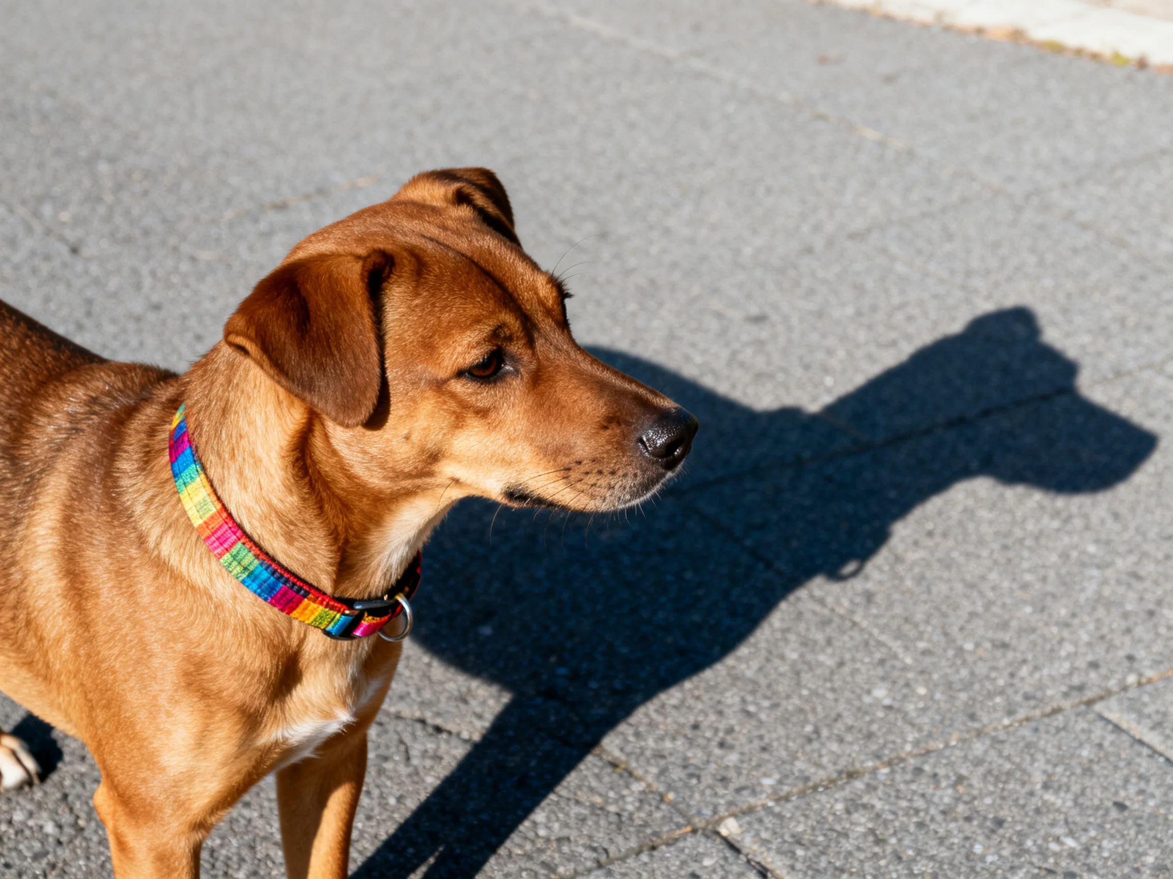A brown dog with a colorful striped collar stands on a paved surface