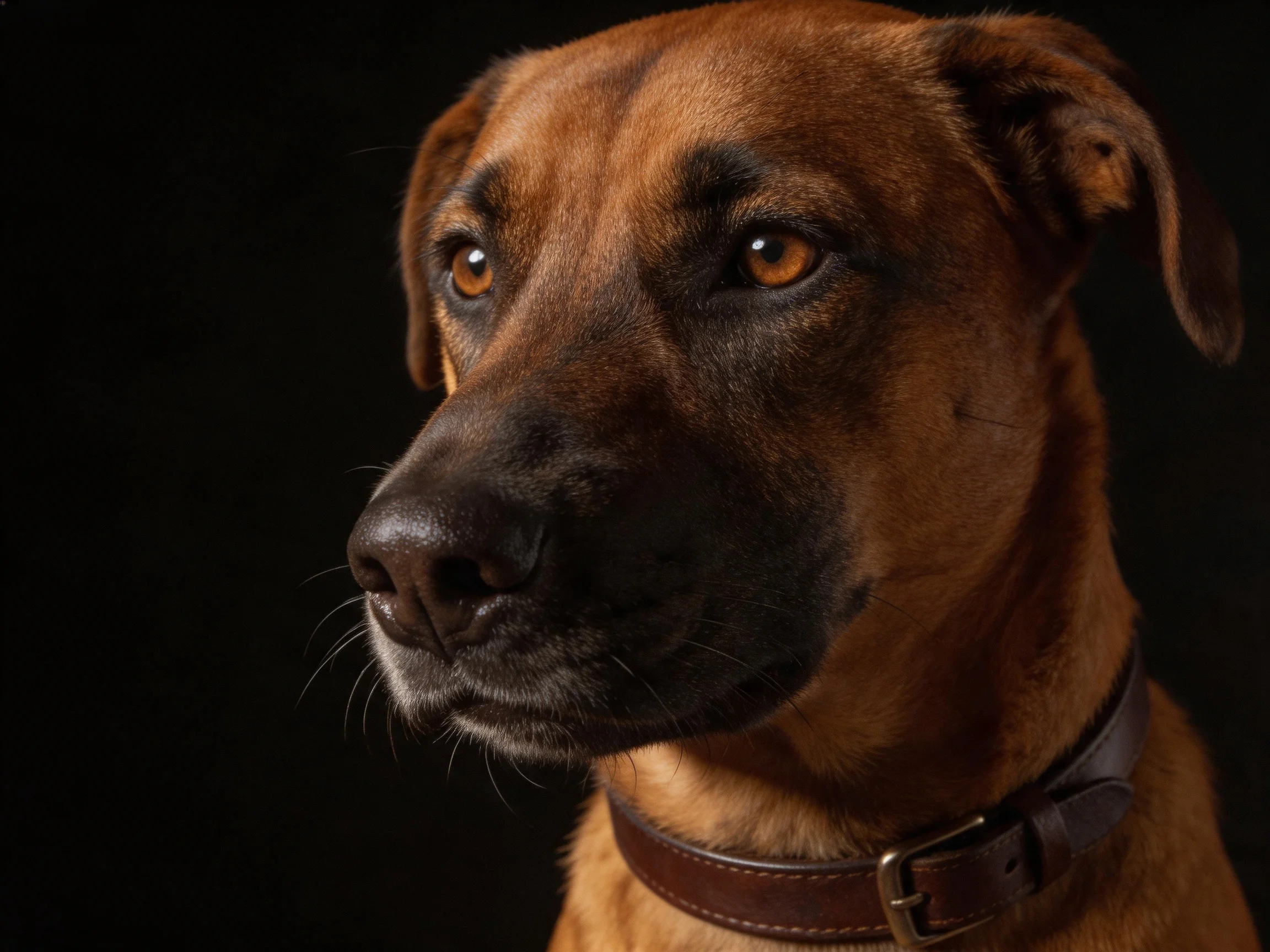 A brown dog with a dark snout wears a brown leather collar