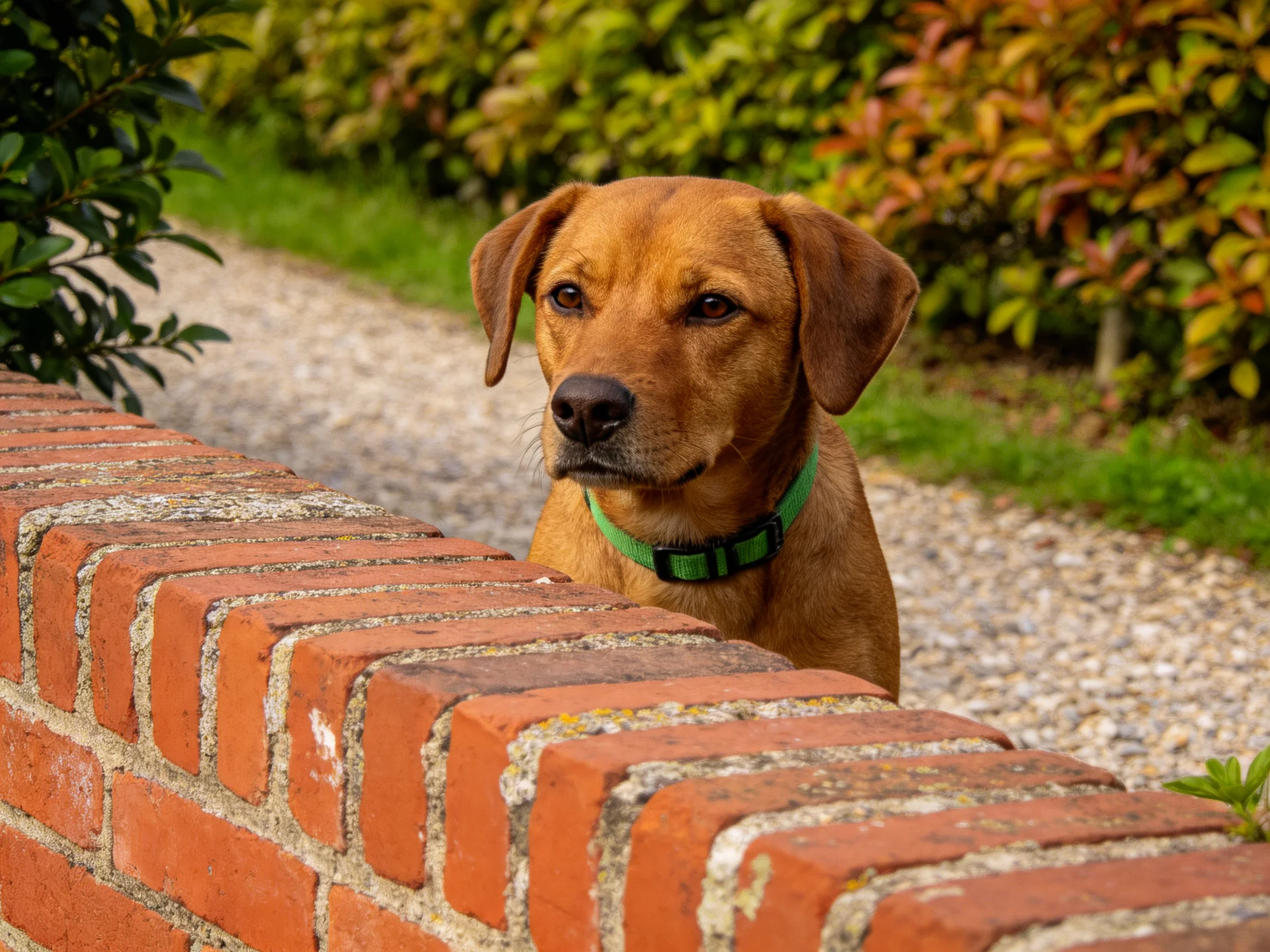 A brown dog stands beside a red brick wall in an outdoor setting.