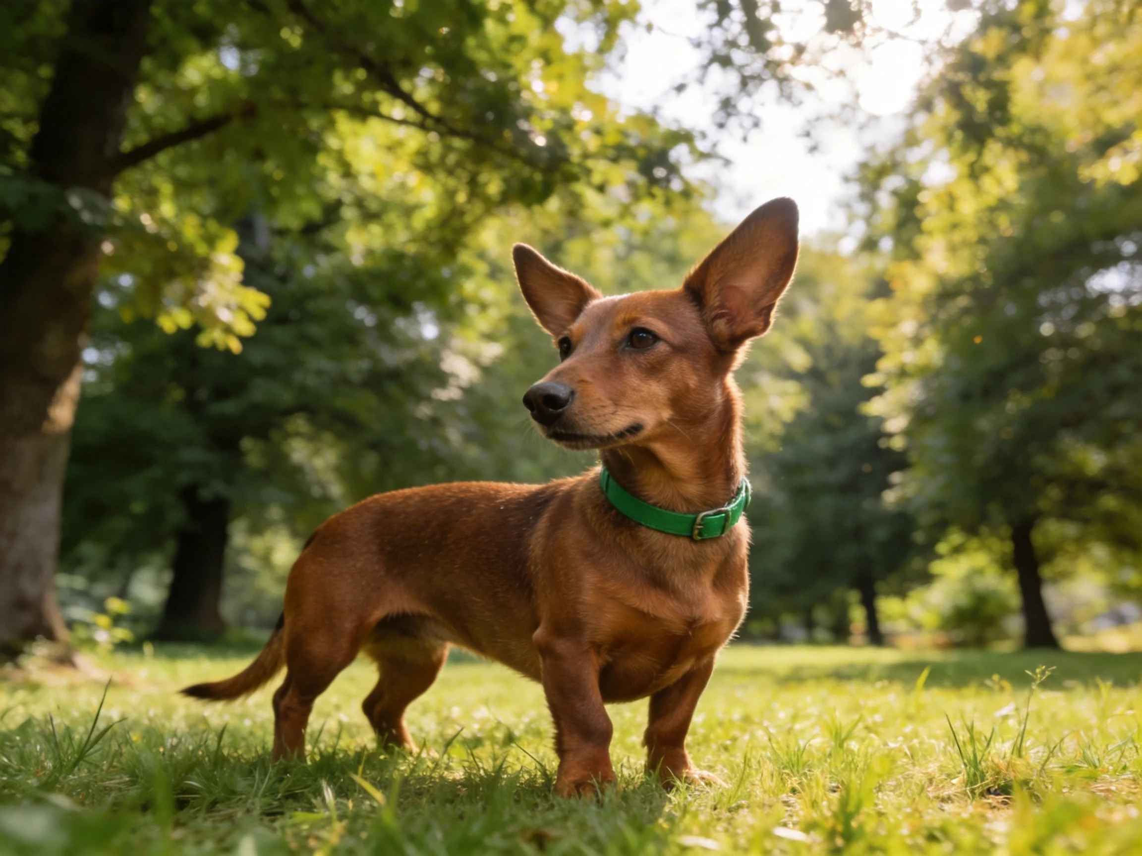 A brown dog with a green collar stands alert in a sunlit park.