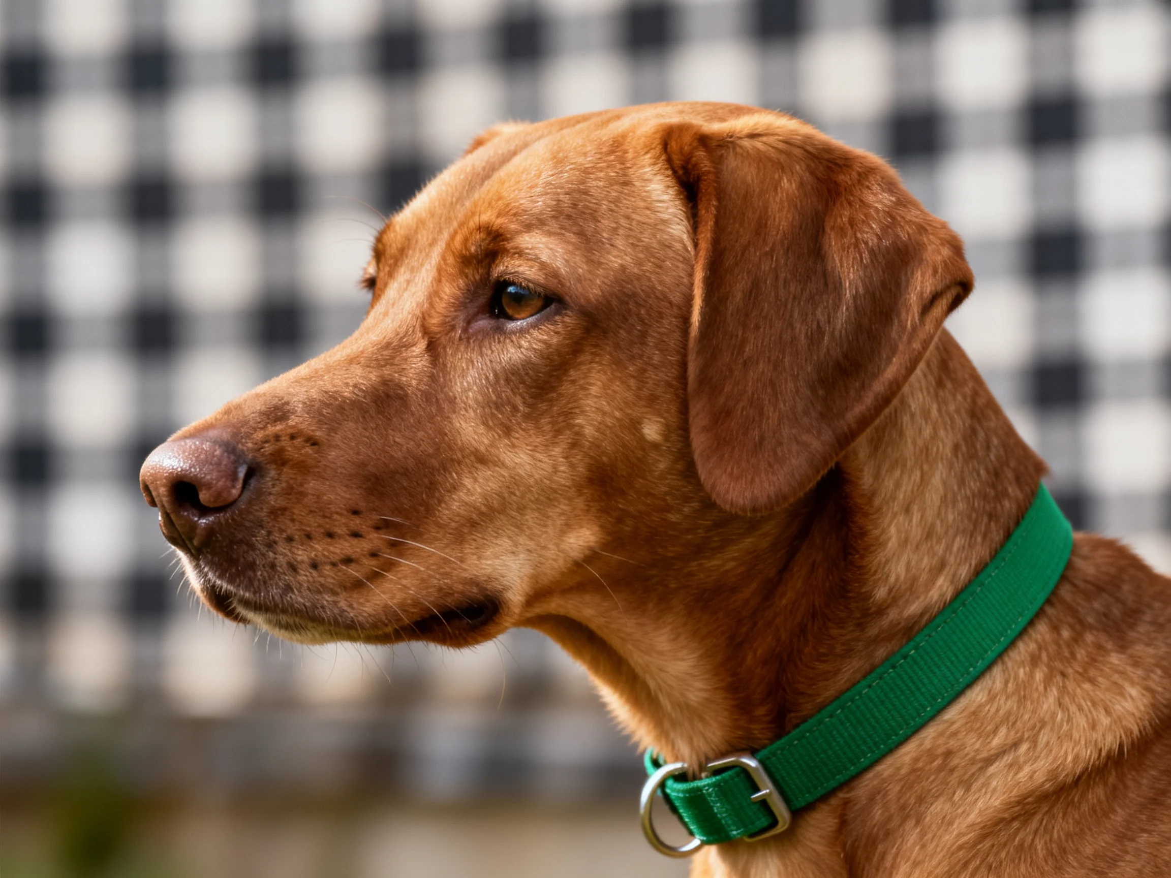A brown dog with a green collar near a black-and-white checkered backdrop