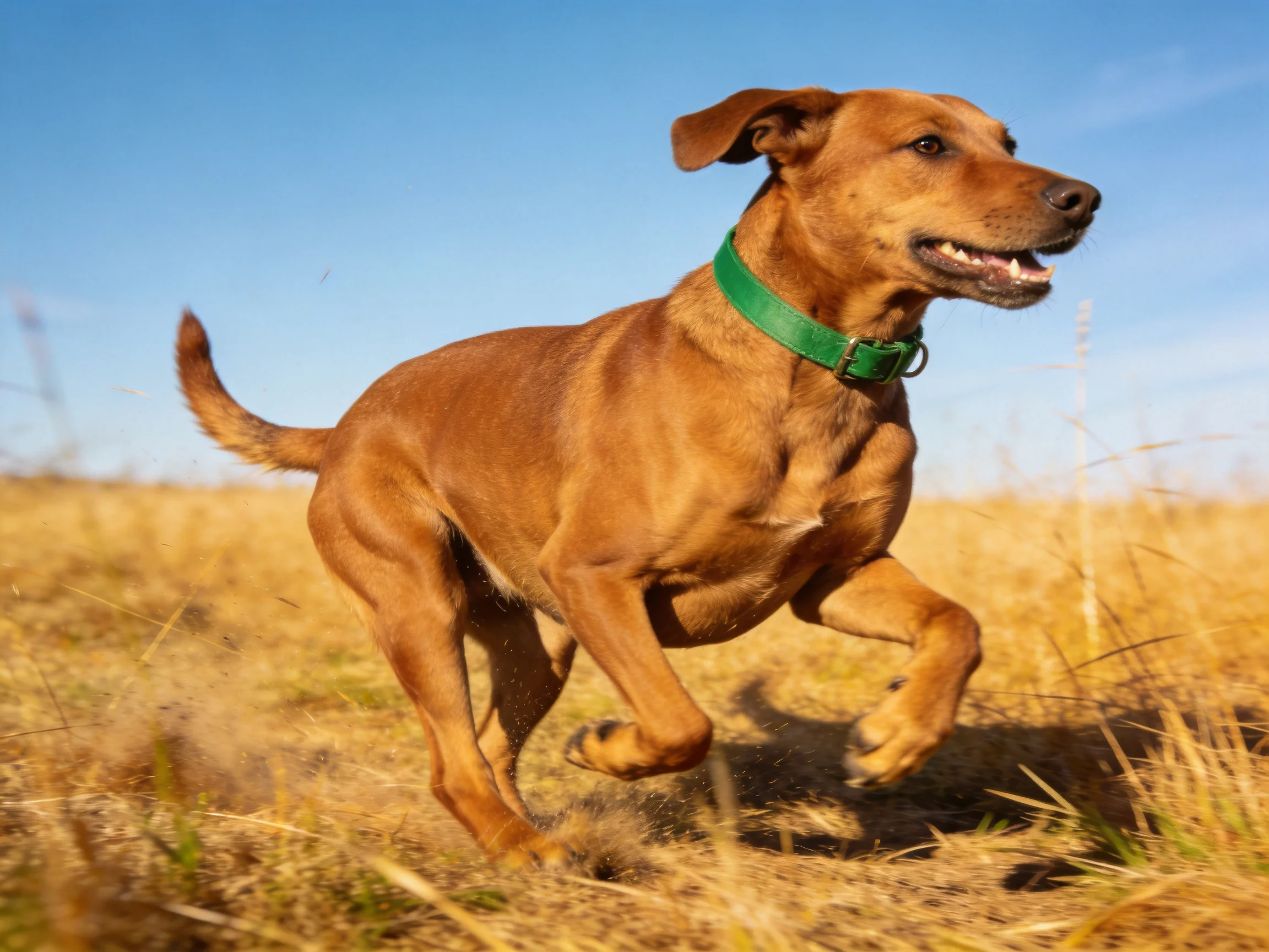 A brown dog with a green collar runs through golden grassland under clear blue sky
