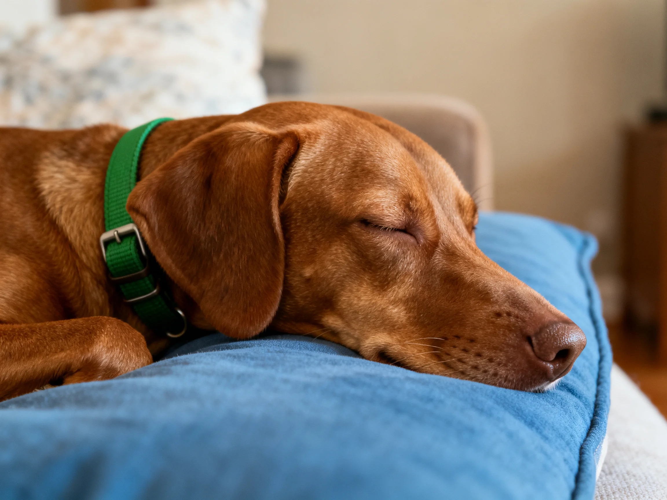 A brown dog rests on a blue cushion with closed eyes