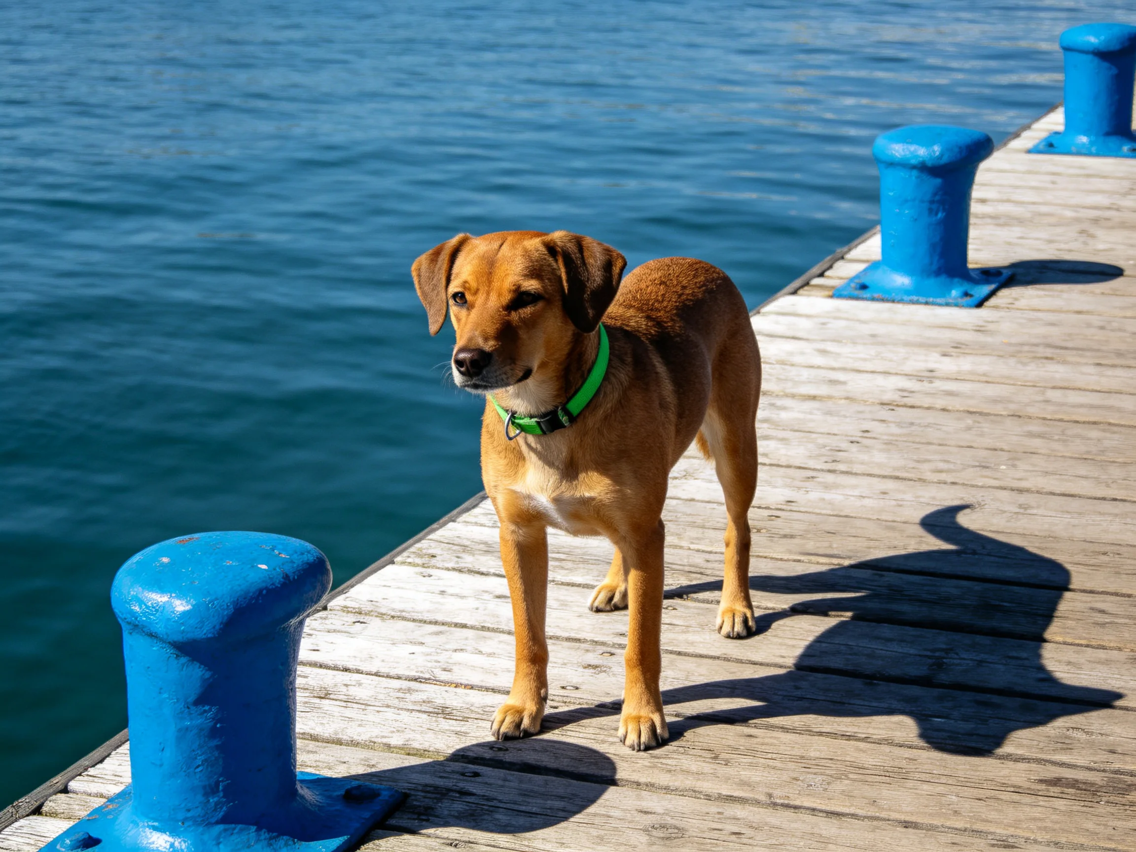 A brown dog with a green collar stands on a wooden dock by blue bollards.