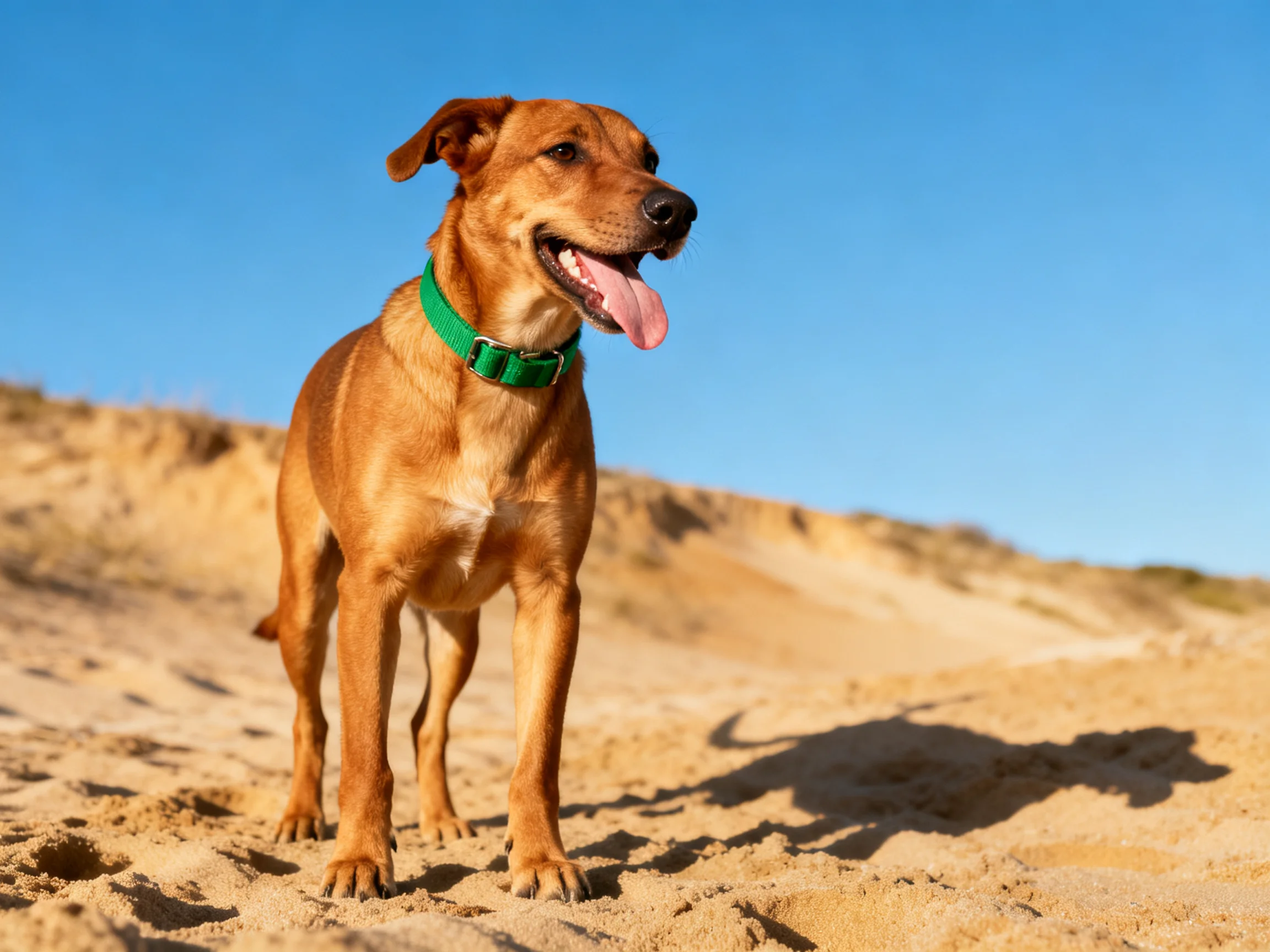 A brown dog with a green collar stands on sandy terrain under clear blue sky