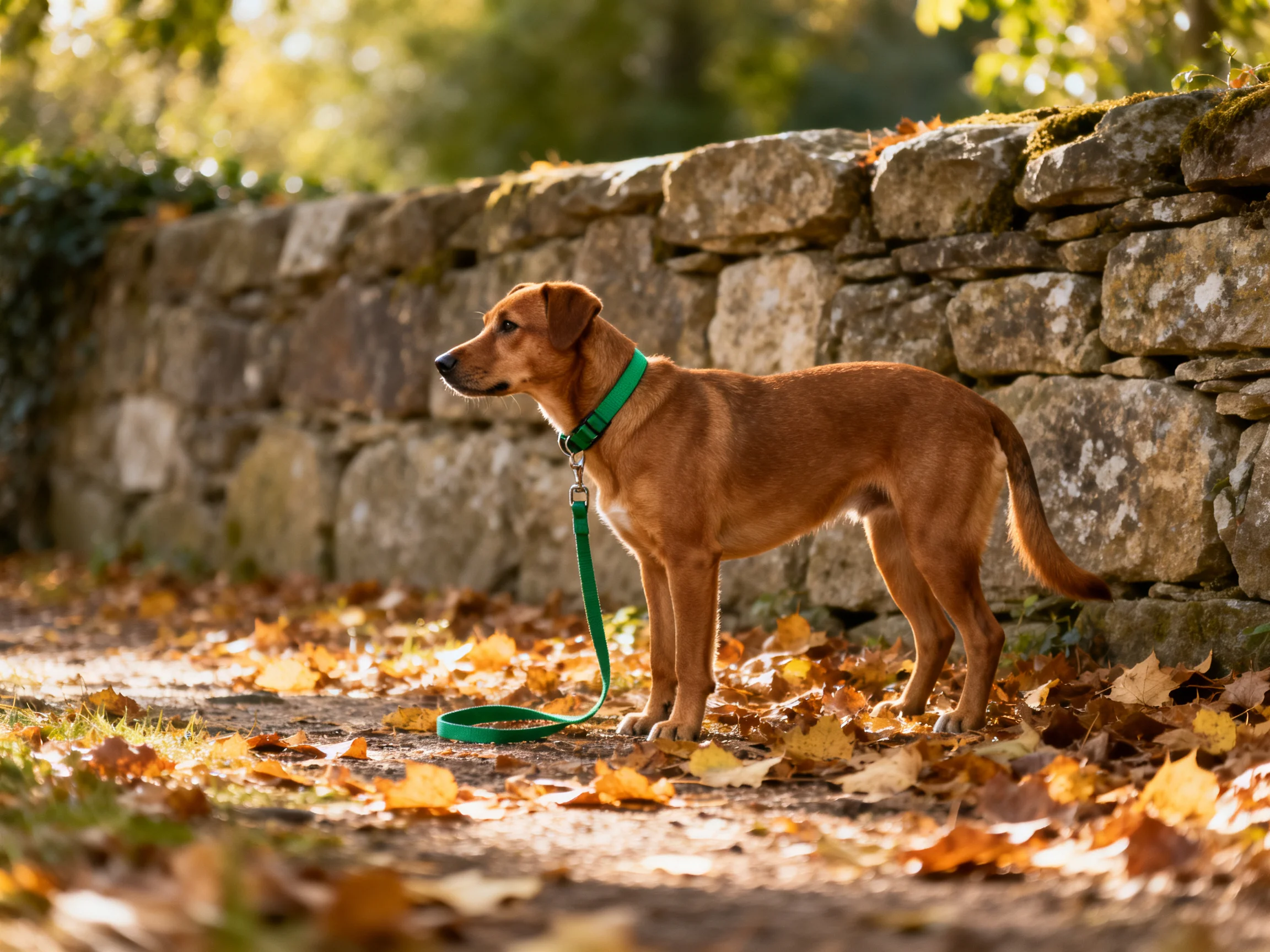 A brown dog with a green leash stands near an old stone wall among fallen leaves