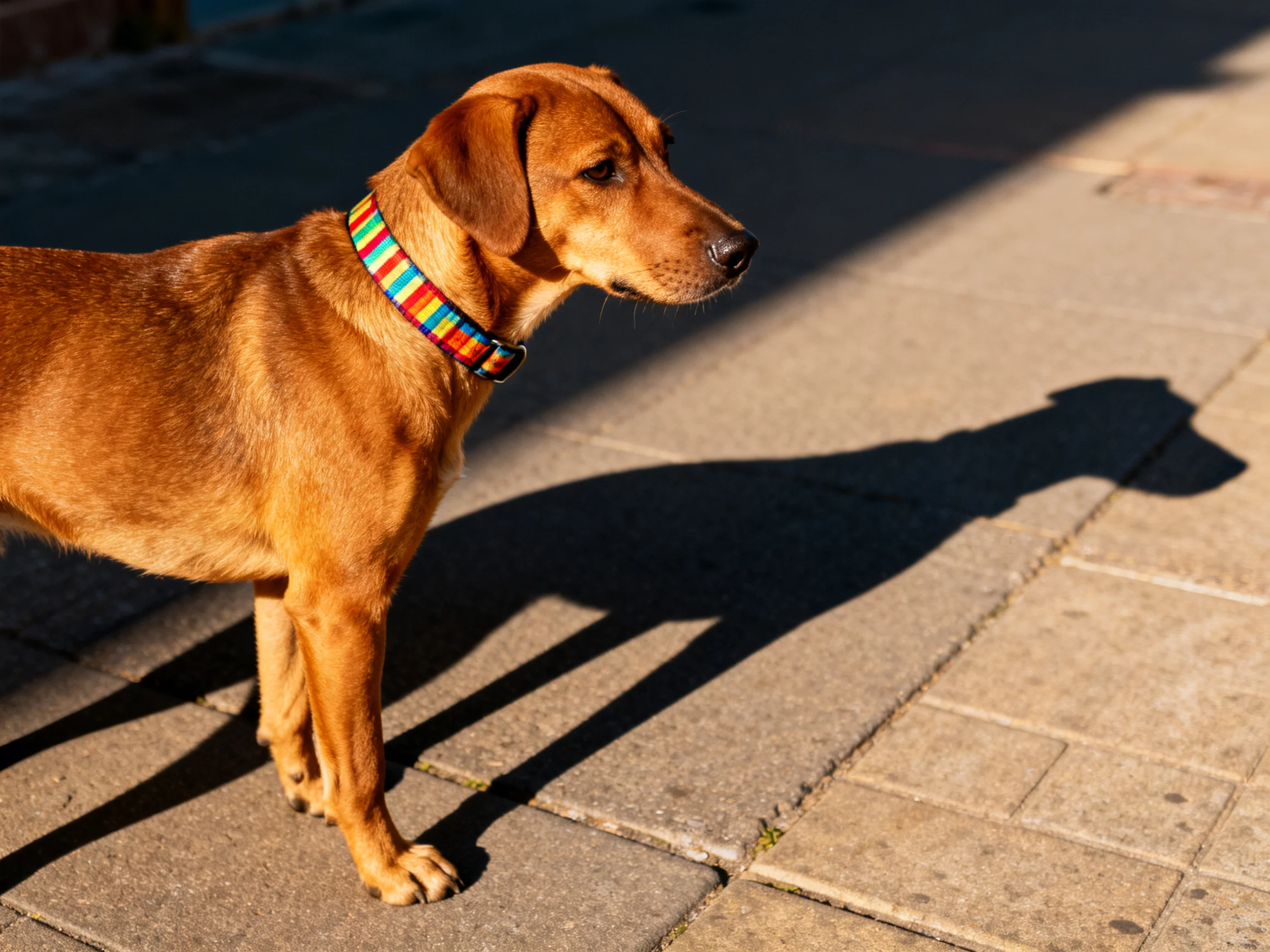 A brown dog with a colorful collar stands on sunlit pavement.