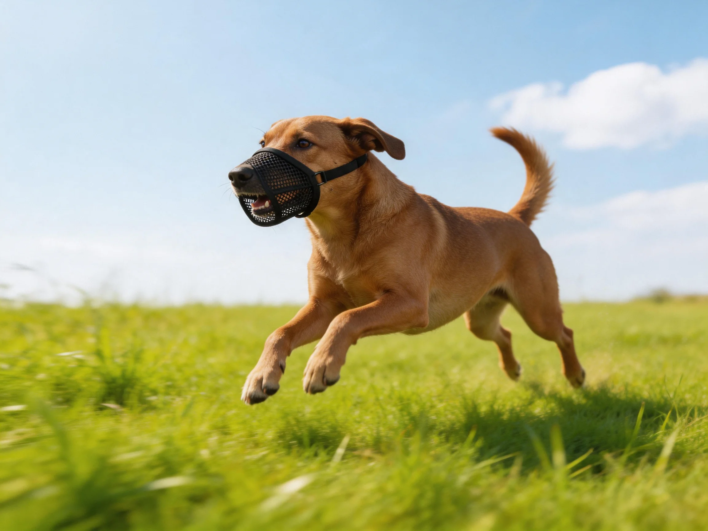 A brown dog with a muzzle runs through a lush green meadow