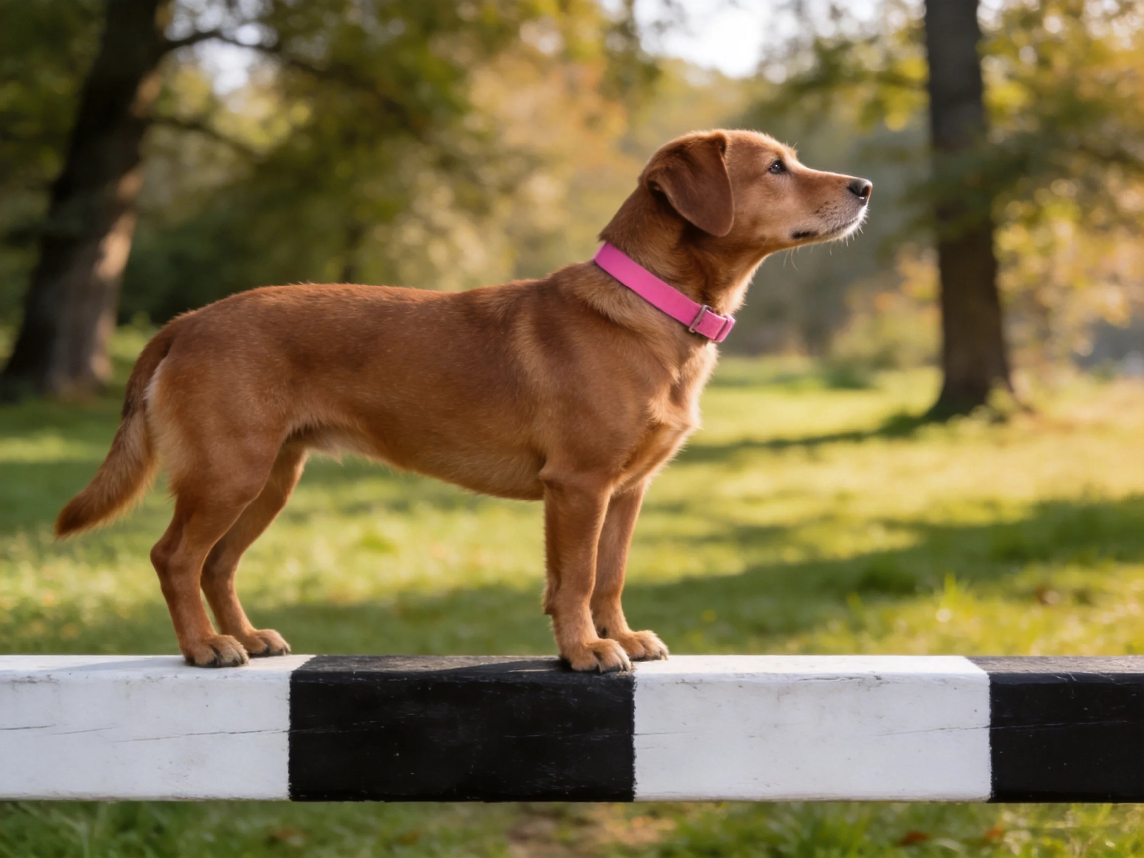 A brown dog wearing a pink collar stands on a black-and-white barrier in an outdoor area.
