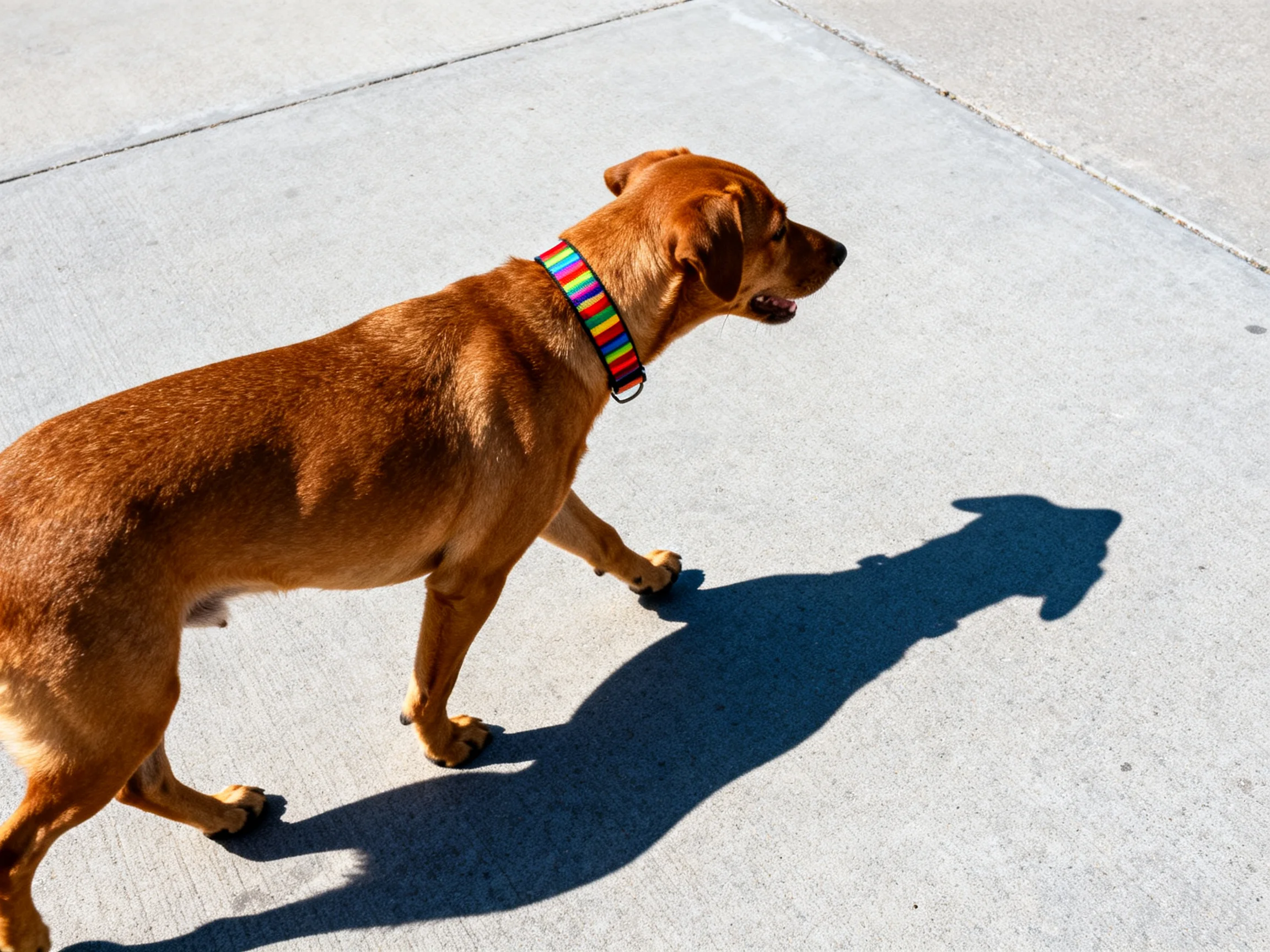 A brown dog with a rainbow collar walks on smooth concrete