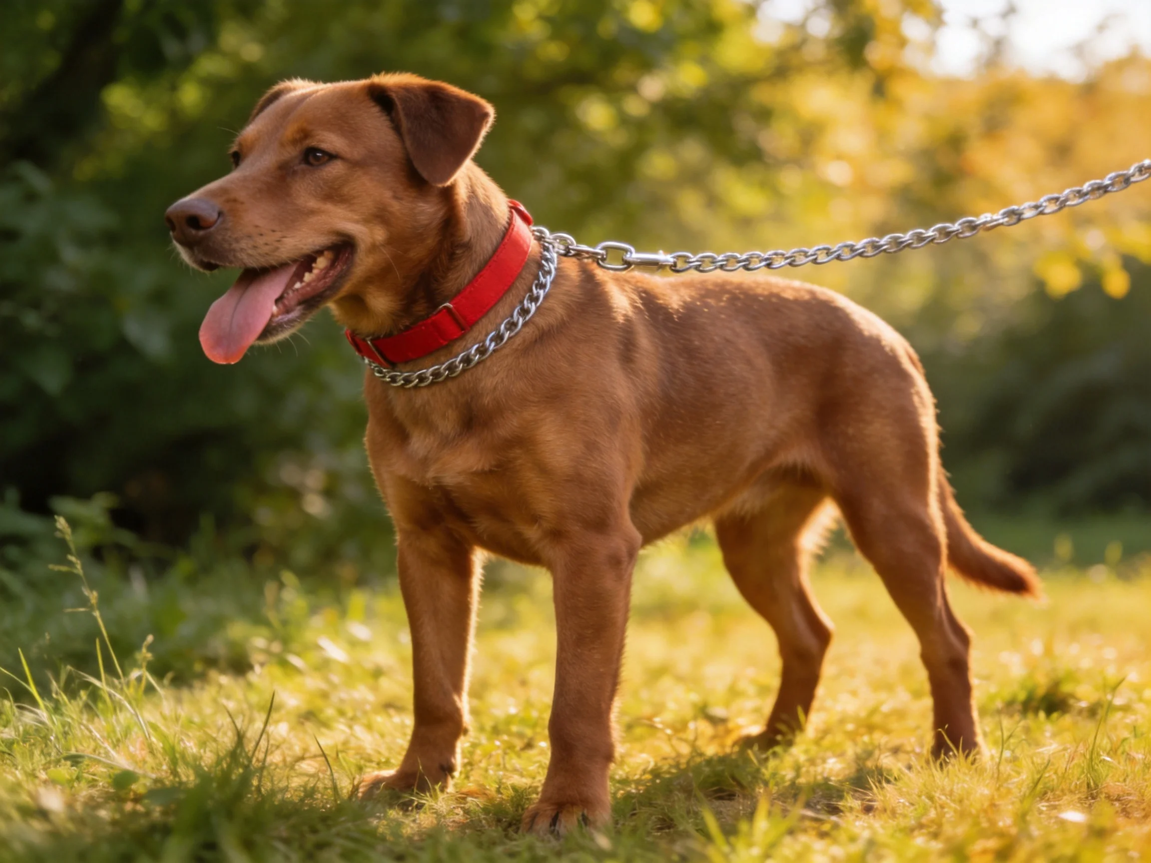 A brown dog with a red collar stands on grass in a sunlit outdoor area.