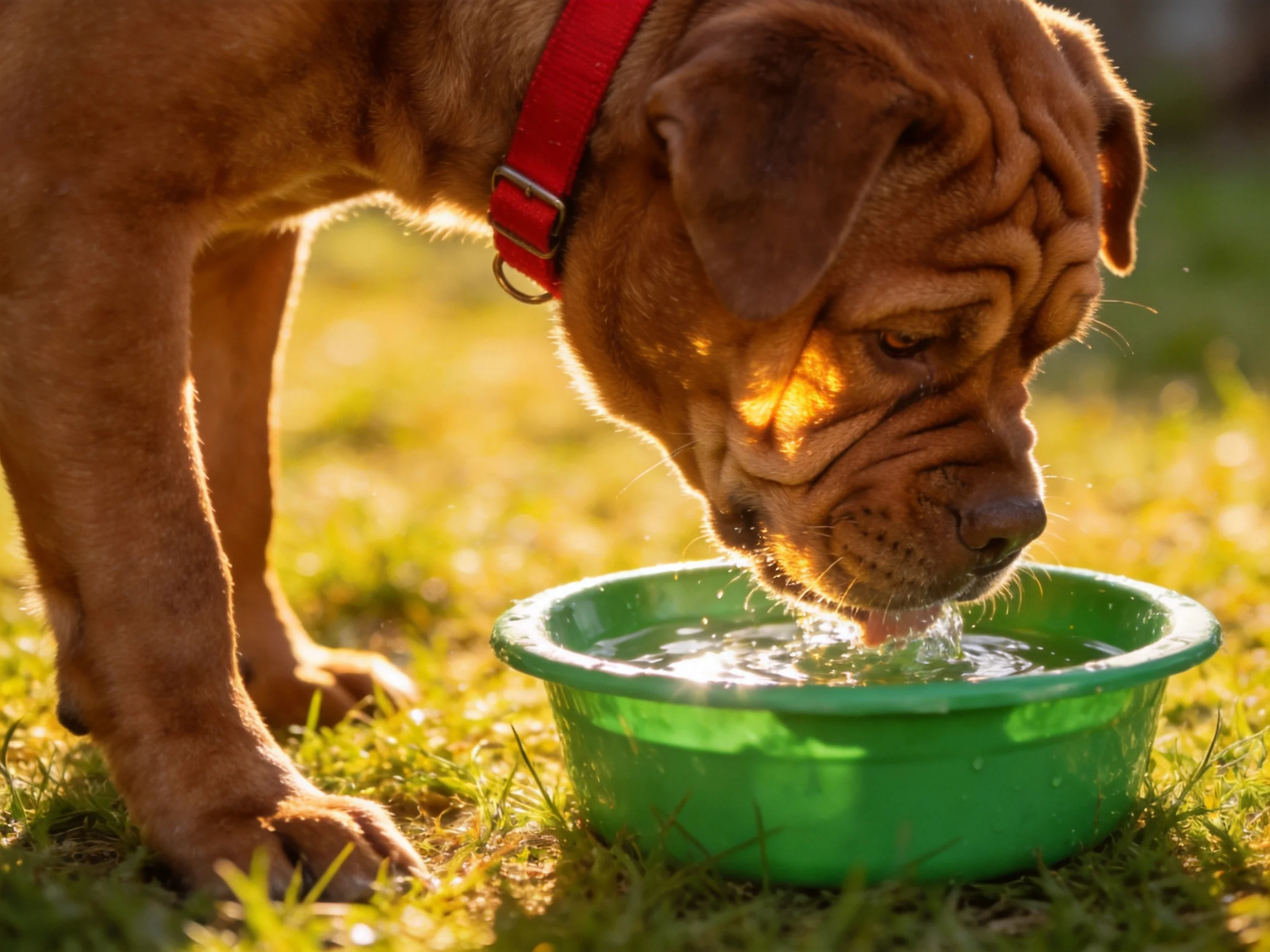 A brown dog with a red collar drinks water from a green bowl