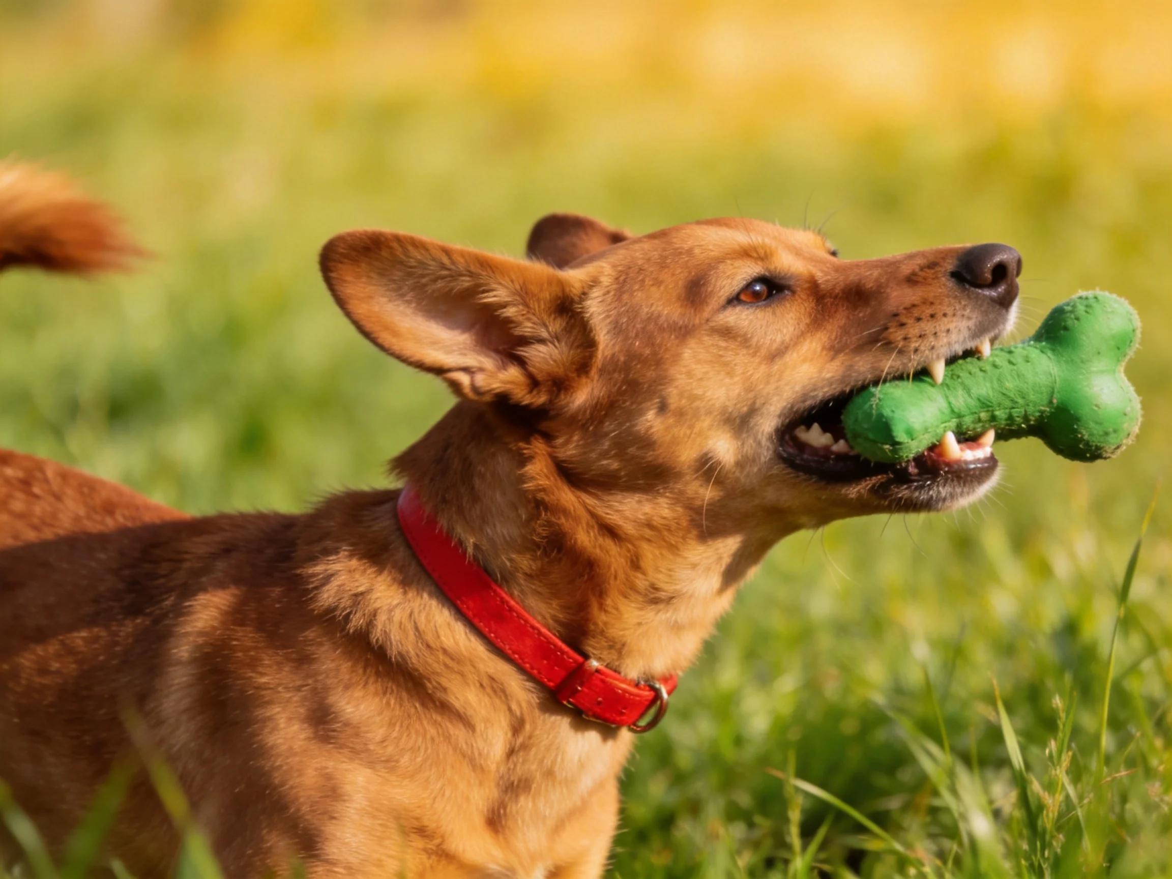 A brown dog carries a green toy bone in a sunlit meadow.