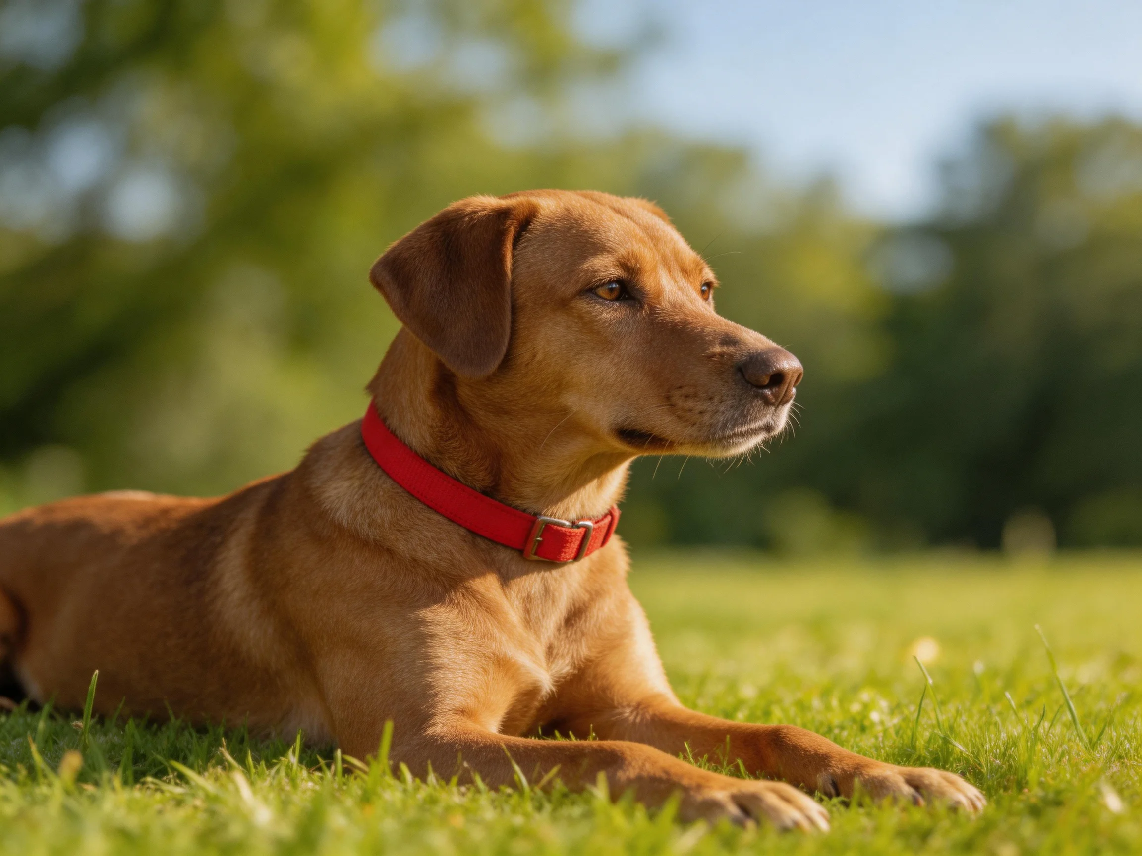 A brown dog with a red collar relaxes on green grass